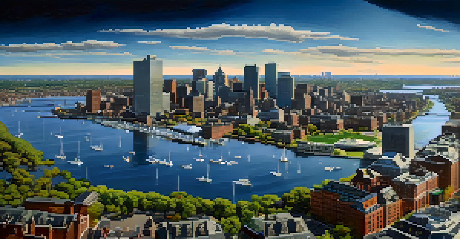 Aerial view of Boston's skyline highlighting green roofs, solar panels, and urban gardens, with the Charles River and parks visible.