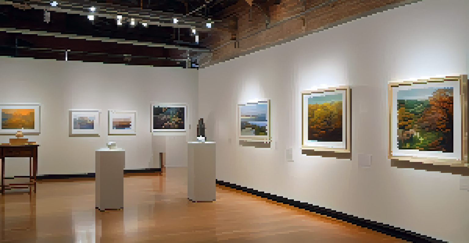 An art exhibition in a Boston gallery featuring student artworks, with visitors discussing and appreciating the displayed pieces under soft lighting.
