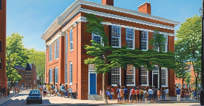 A sunny afternoon scene of the African Meeting House in Boston with people gathered outside, discussing and engaging in community activities.