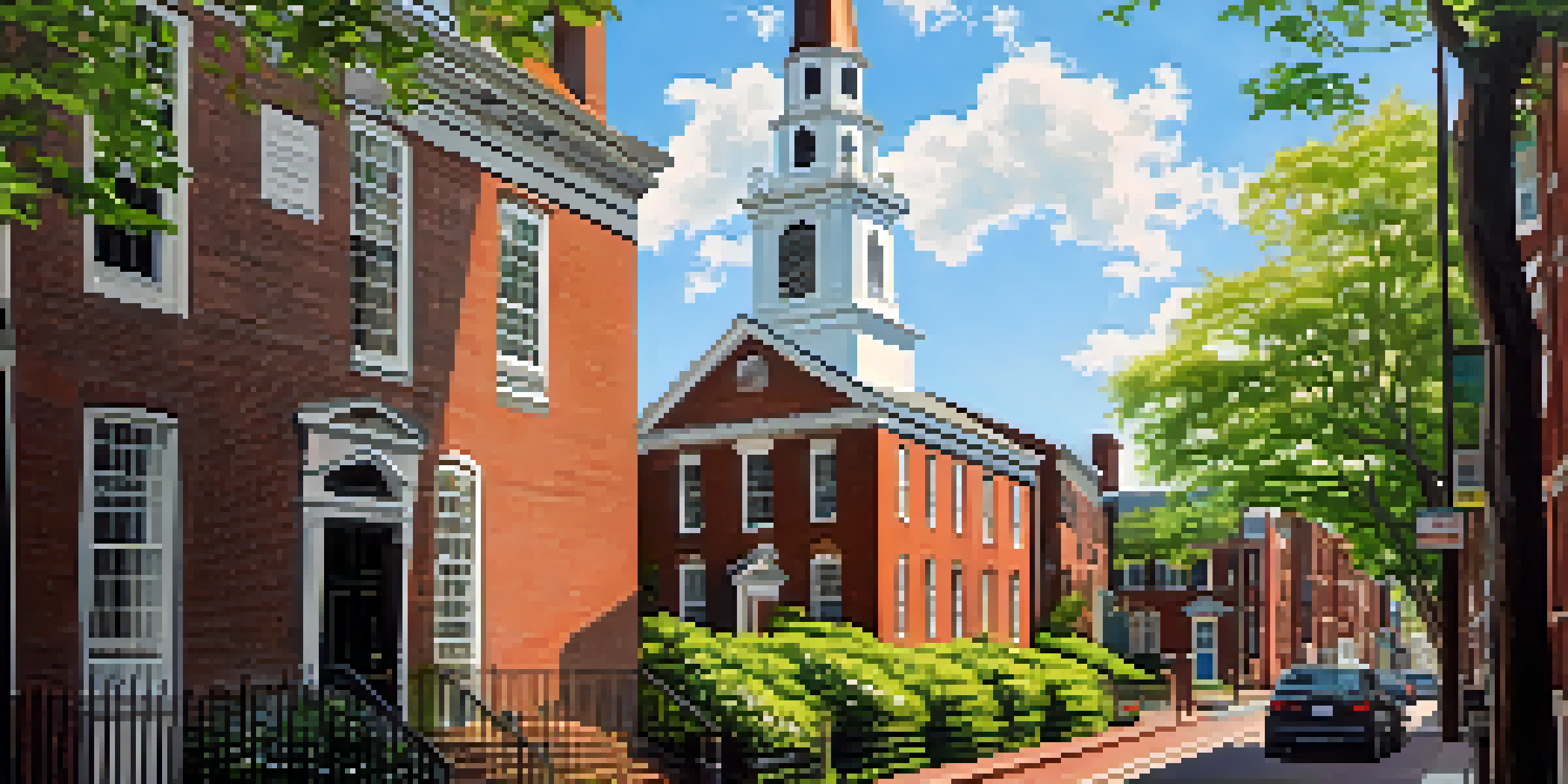 A scenic view of Old North Church in Boston, surrounded by greenery and flowers, with a clear blue sky.