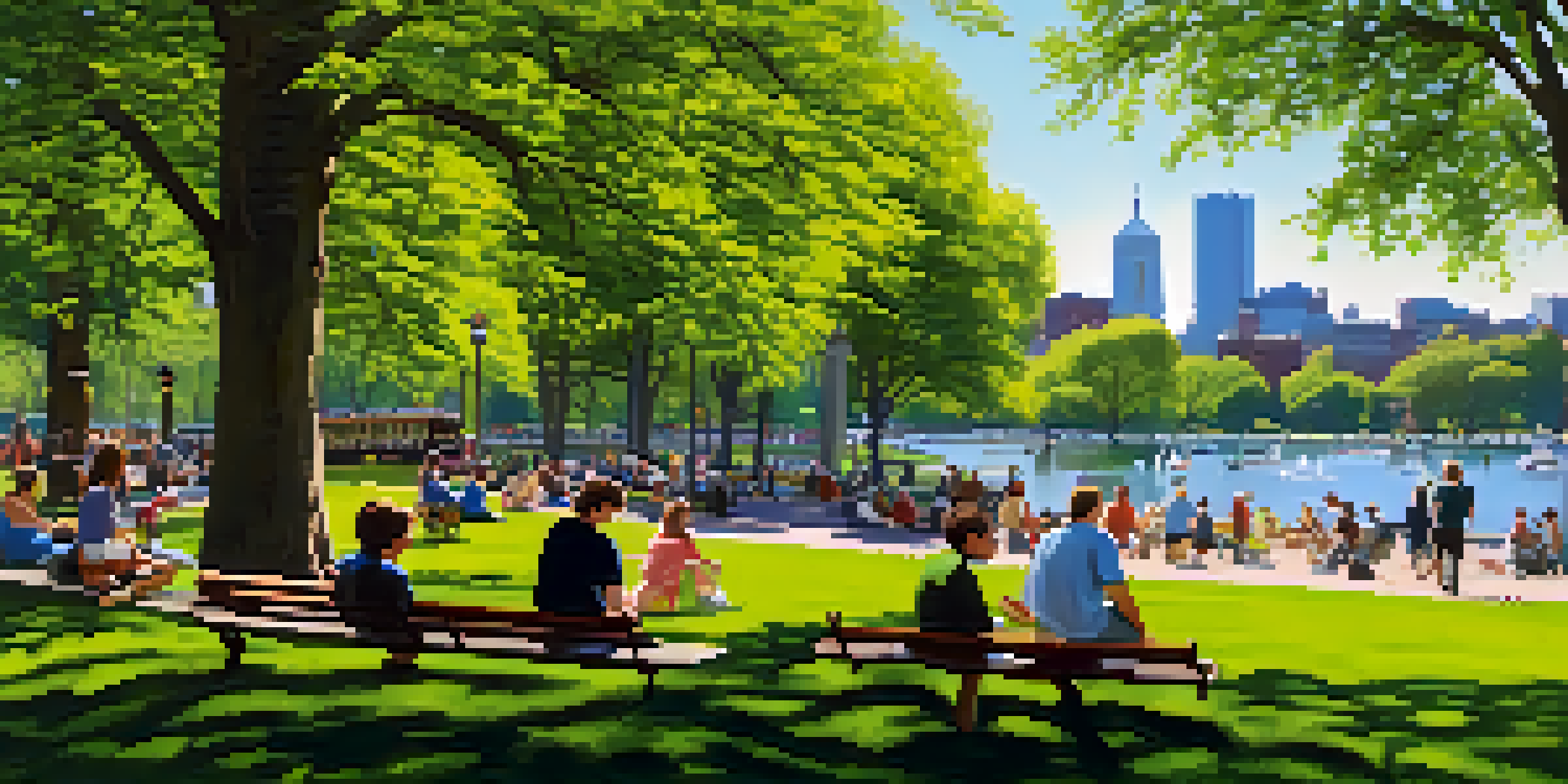 A vibrant spring scene at Boston Common with blooming flowers, people enjoying the park, and swan boats on the lagoon.