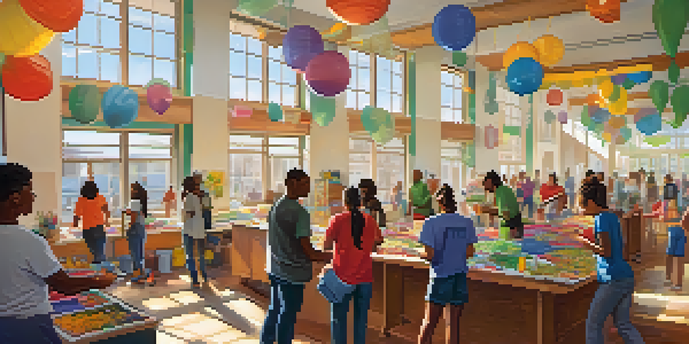 A lively community center with diverse volunteers engaged in various activities, illuminated by sunlight.