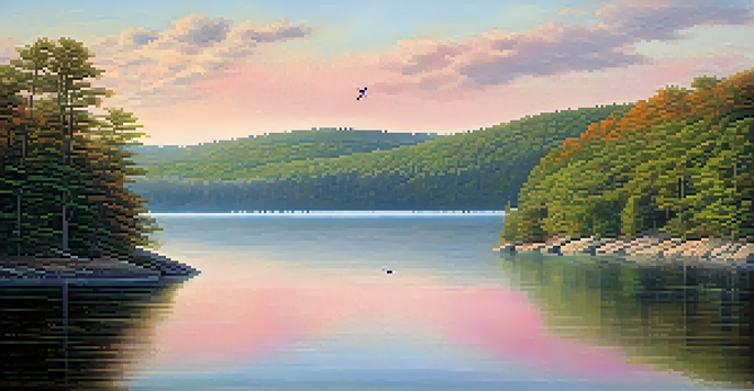 A tranquil scene of Quabbin Reservoir at sunrise, with mist on the water and colorful sky.