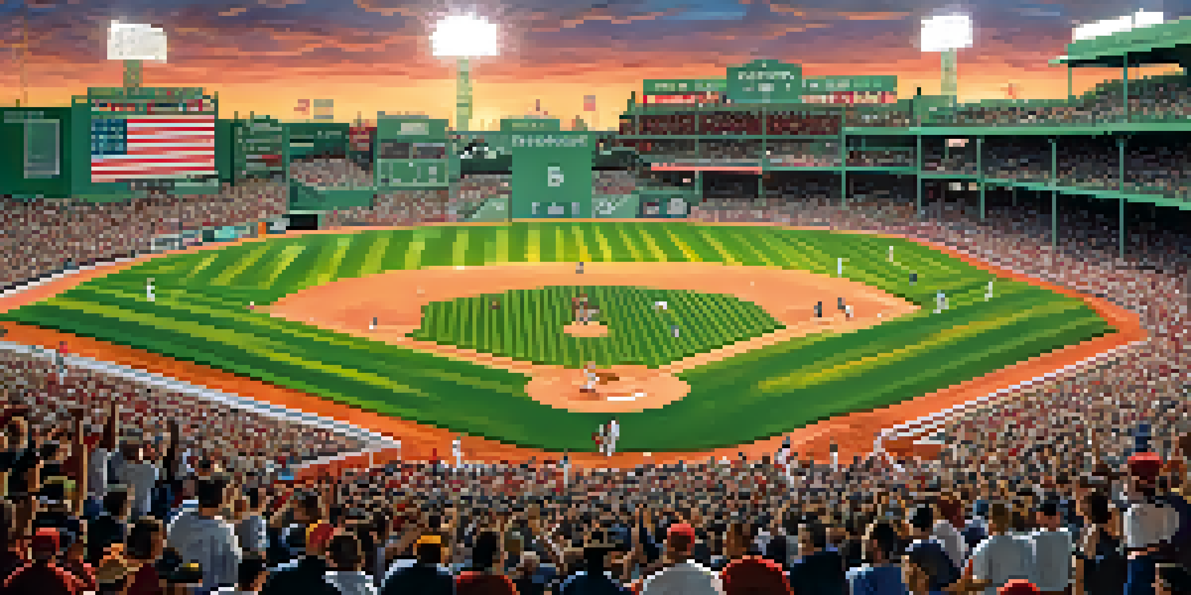 A baseball game at Fenway Park featuring the Boston Red Sox and New York Yankees, with a lively crowd and a sunset in the background.