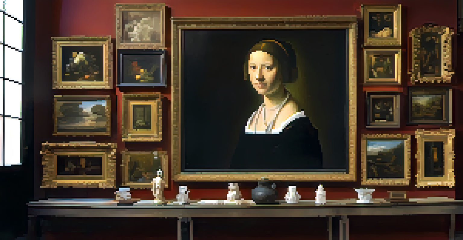 An art gallery showcasing a variety of paintings, including famous artworks by Rembrandt and Vermeer, arranged in an intimate setting with soft lighting.