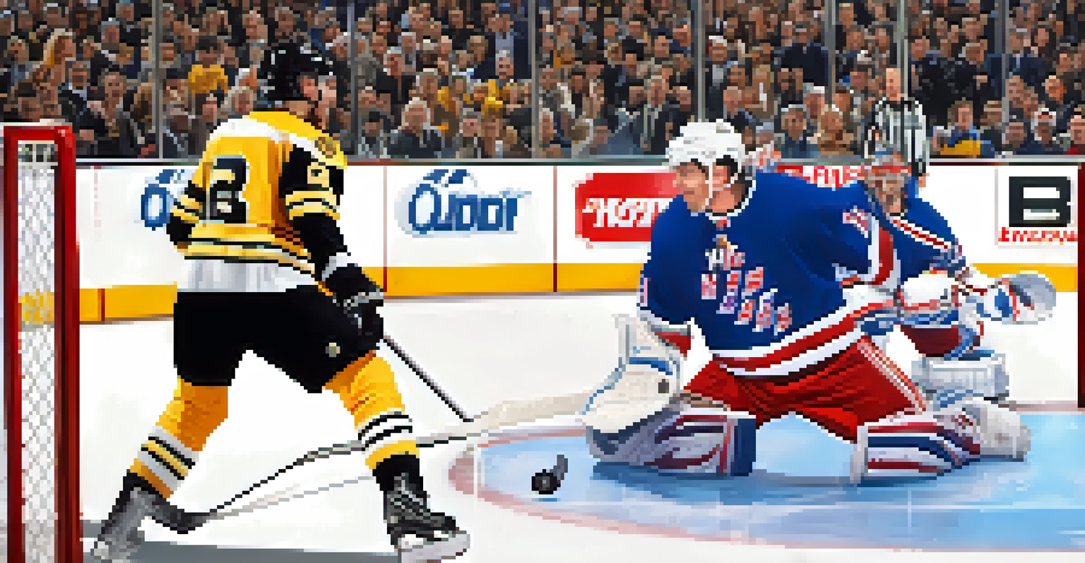 An NHL game scene between the Boston Bruins and New York Rangers, showing a player shooting the puck and a goalie in action.
