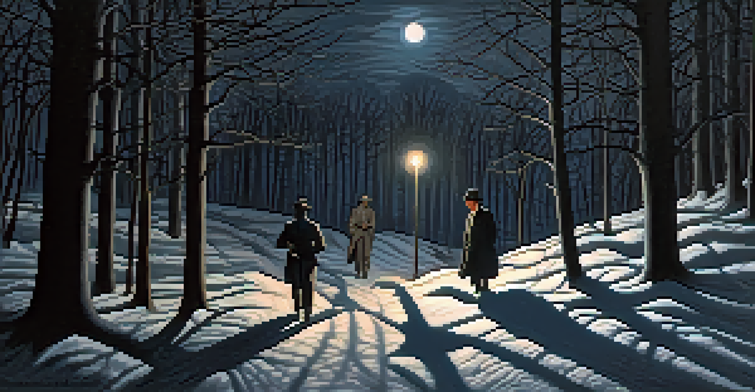 A couple escaping slavery at night, disguised and navigating a dark forest under moonlight, conveying a sense of courage and determination.