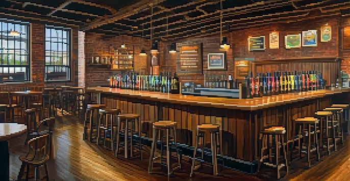 An interior view of a craft brewery in Boston with colorful beer taps, wooden barrels, and patrons enjoying drinks.