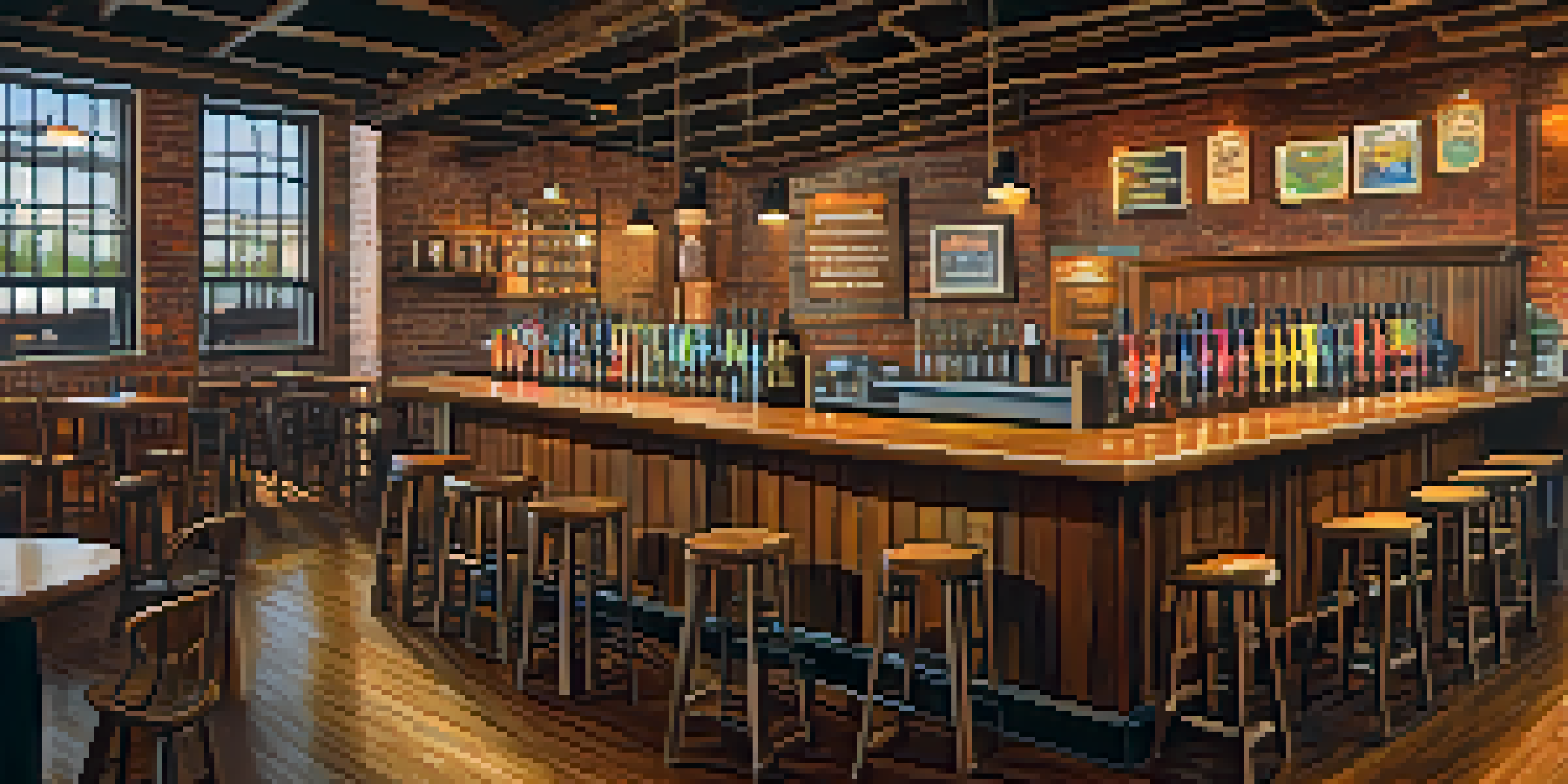 An interior view of a craft brewery in Boston with colorful beer taps, wooden barrels, and patrons enjoying drinks.