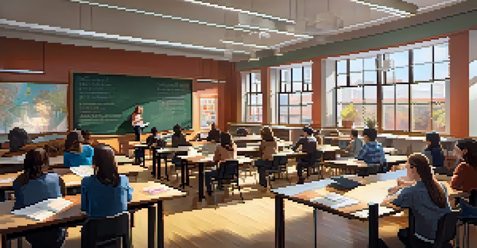 An interior view of a university classroom in Boston, with students engaged in learning and natural light coming through the windows.