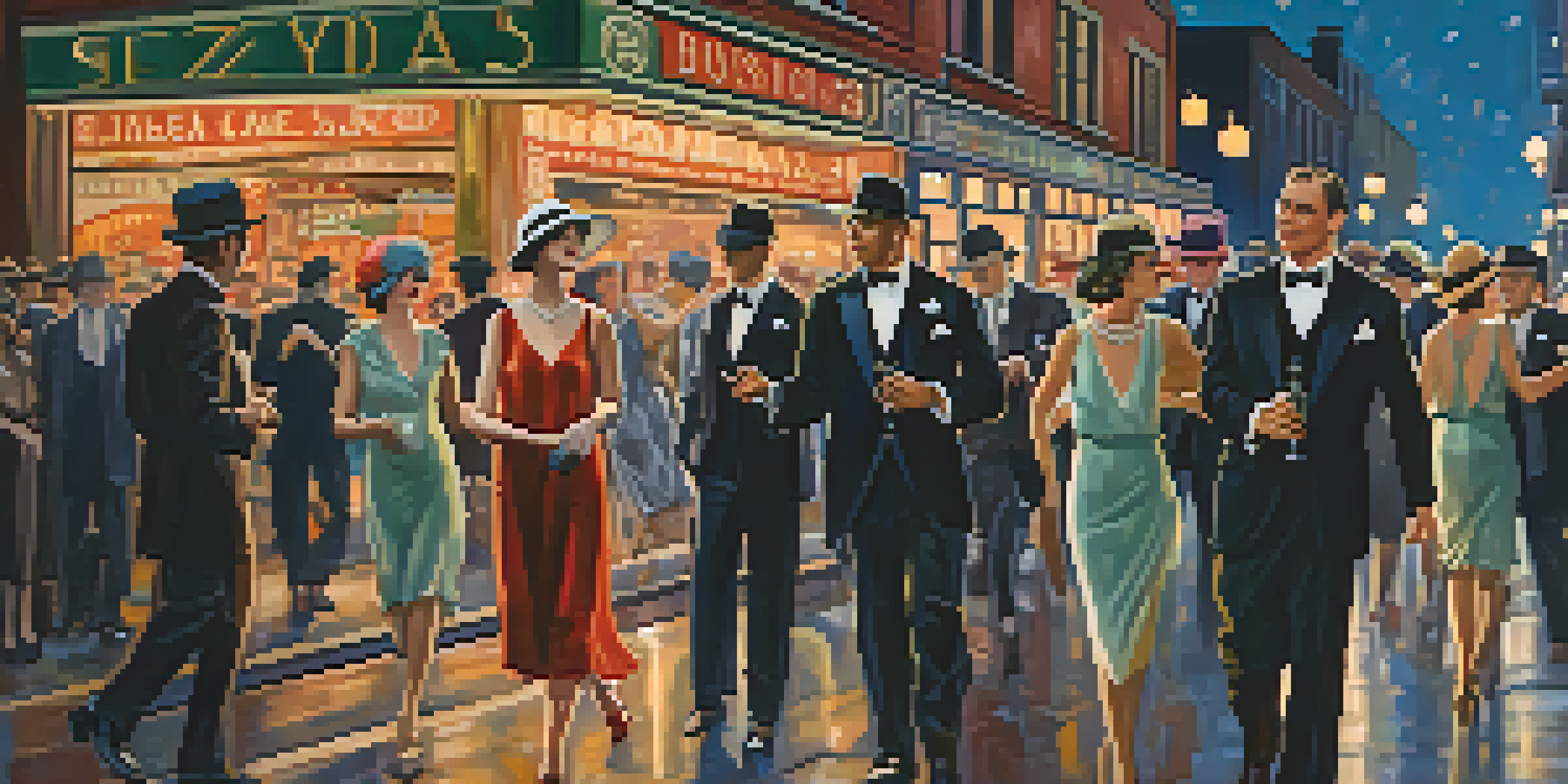 A lively street scene in Boston during the 1920s, with men and women dressed in flapper fashion and tailored suits, surrounded by jazz music and colorful storefronts.