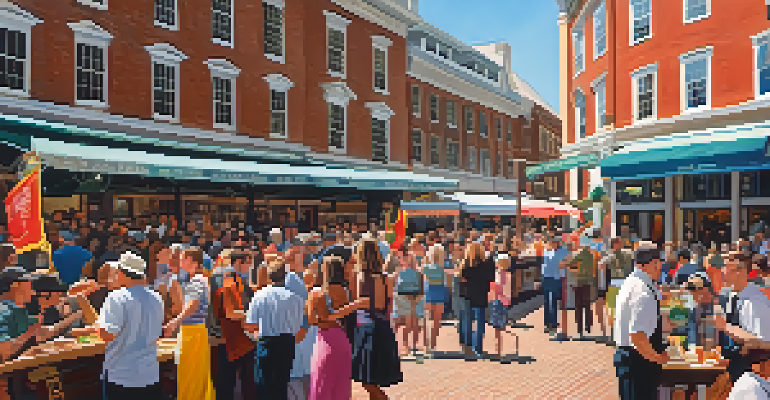 A vibrant scene at Faneuil Hall with street performers and a crowd enjoying food, surrounded by historic buildings and a bright sky.