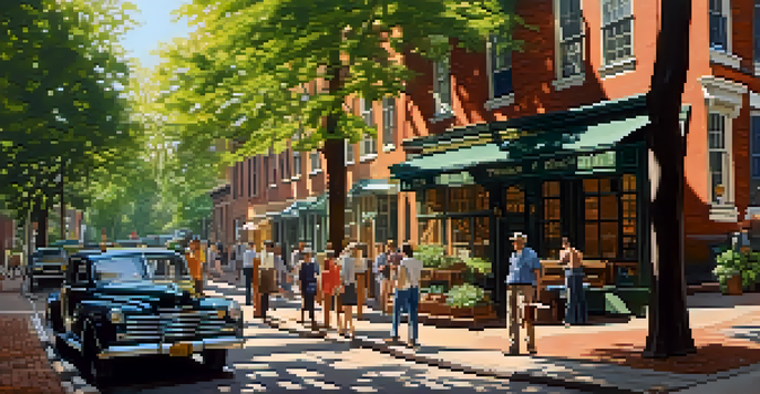 A colorful street scene in Boston with a historical printing press and artists sketching in a green environment.