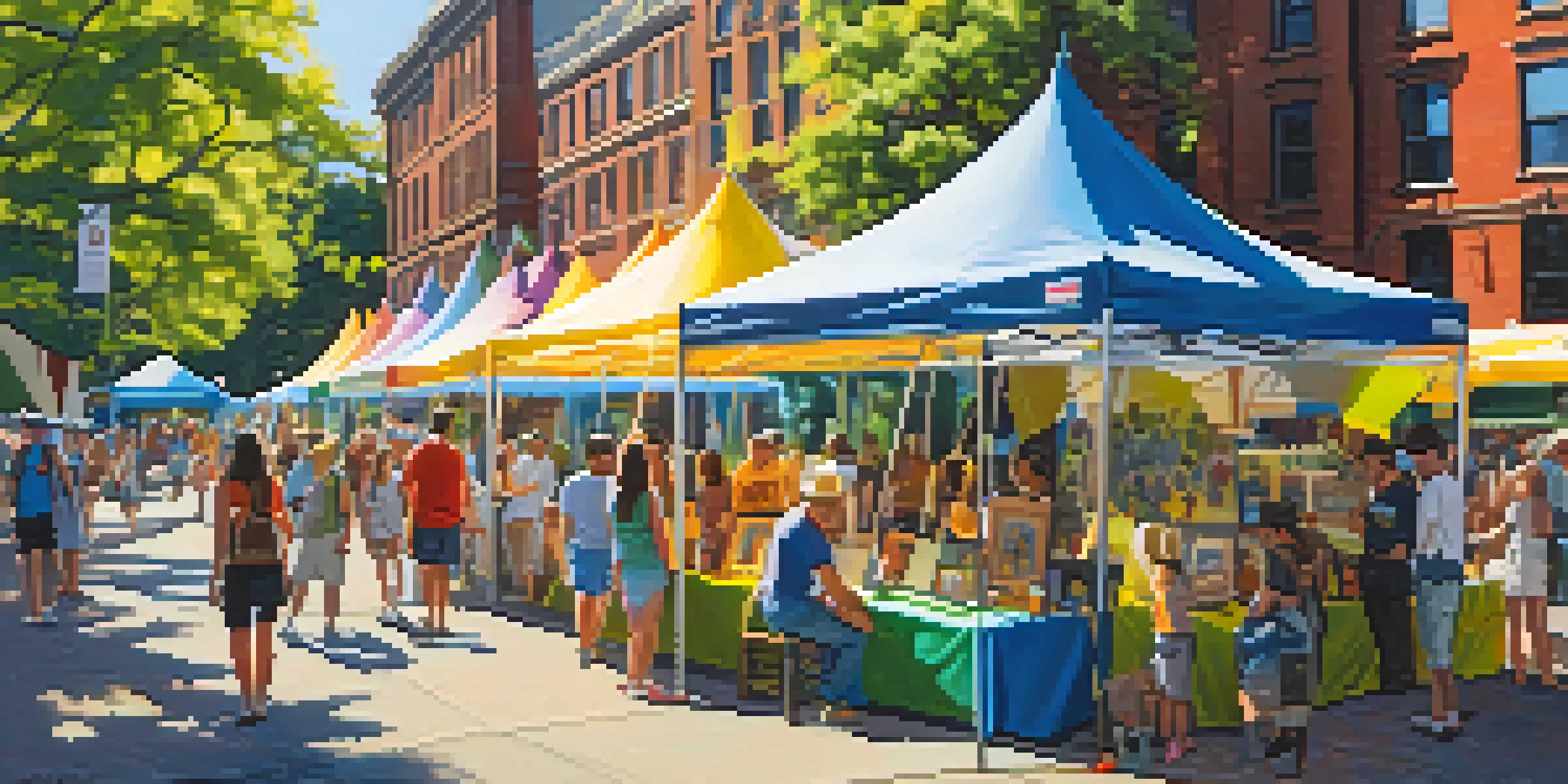 An outdoor scene of an art festival with colorful tents, artists at work, and visitors enjoying the art.