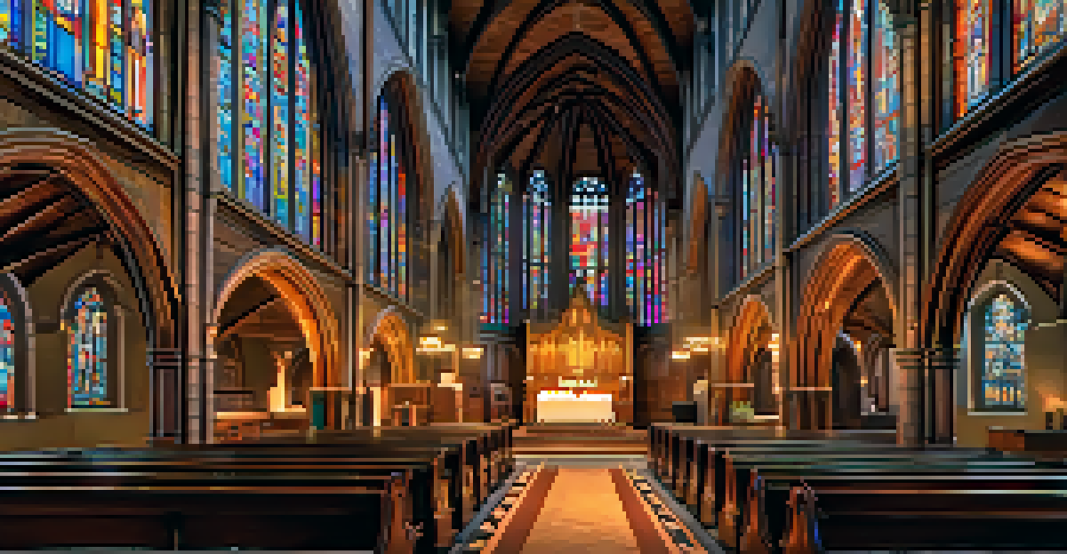 The interior of Trinity Church in Boston, featuring colorful stained glass windows and intricate stone architecture.