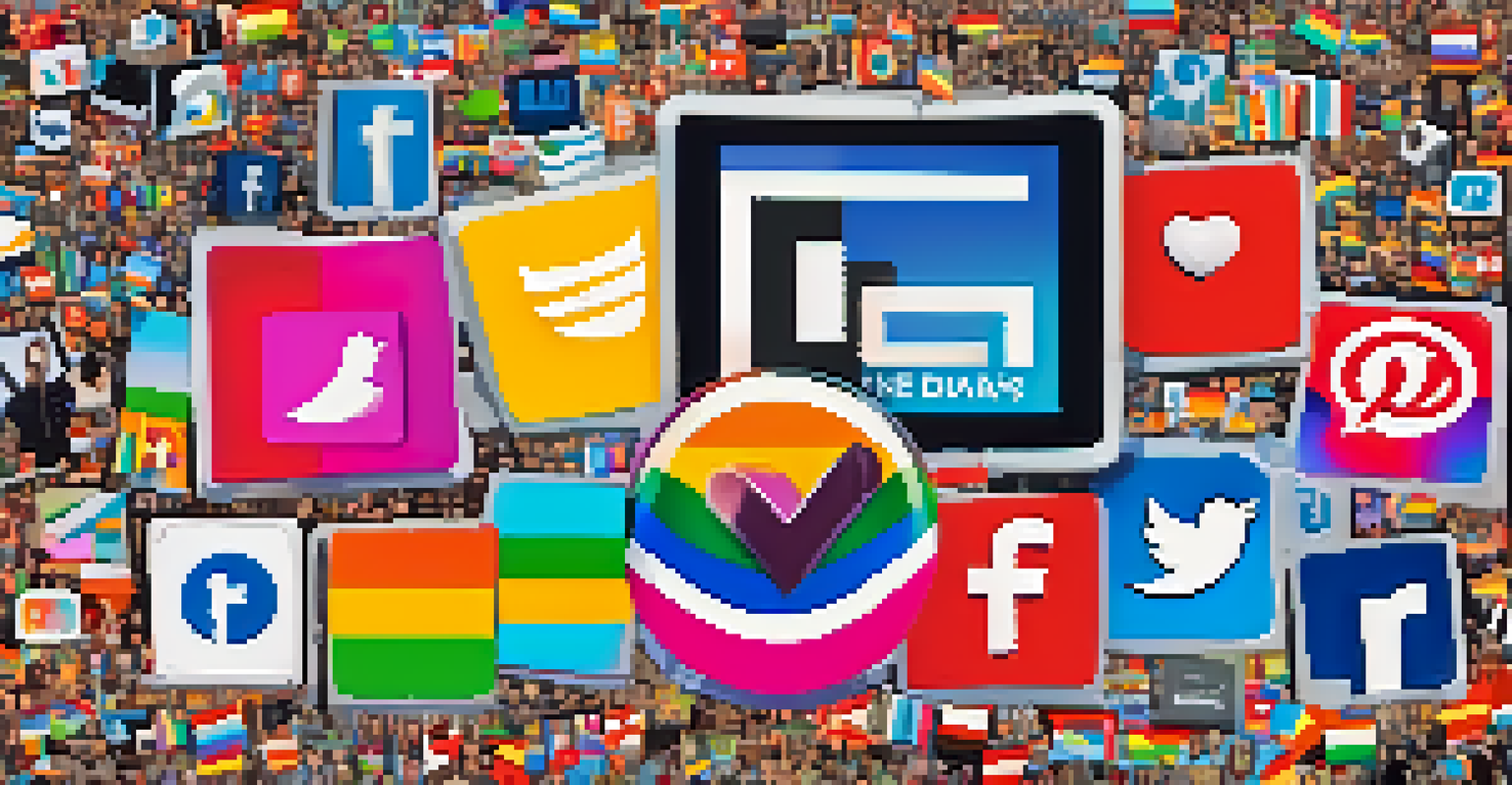 A smartphone showcasing vibrant social media posts about LGBTQ+ rights, surrounded by colorful hashtags and pride symbols.