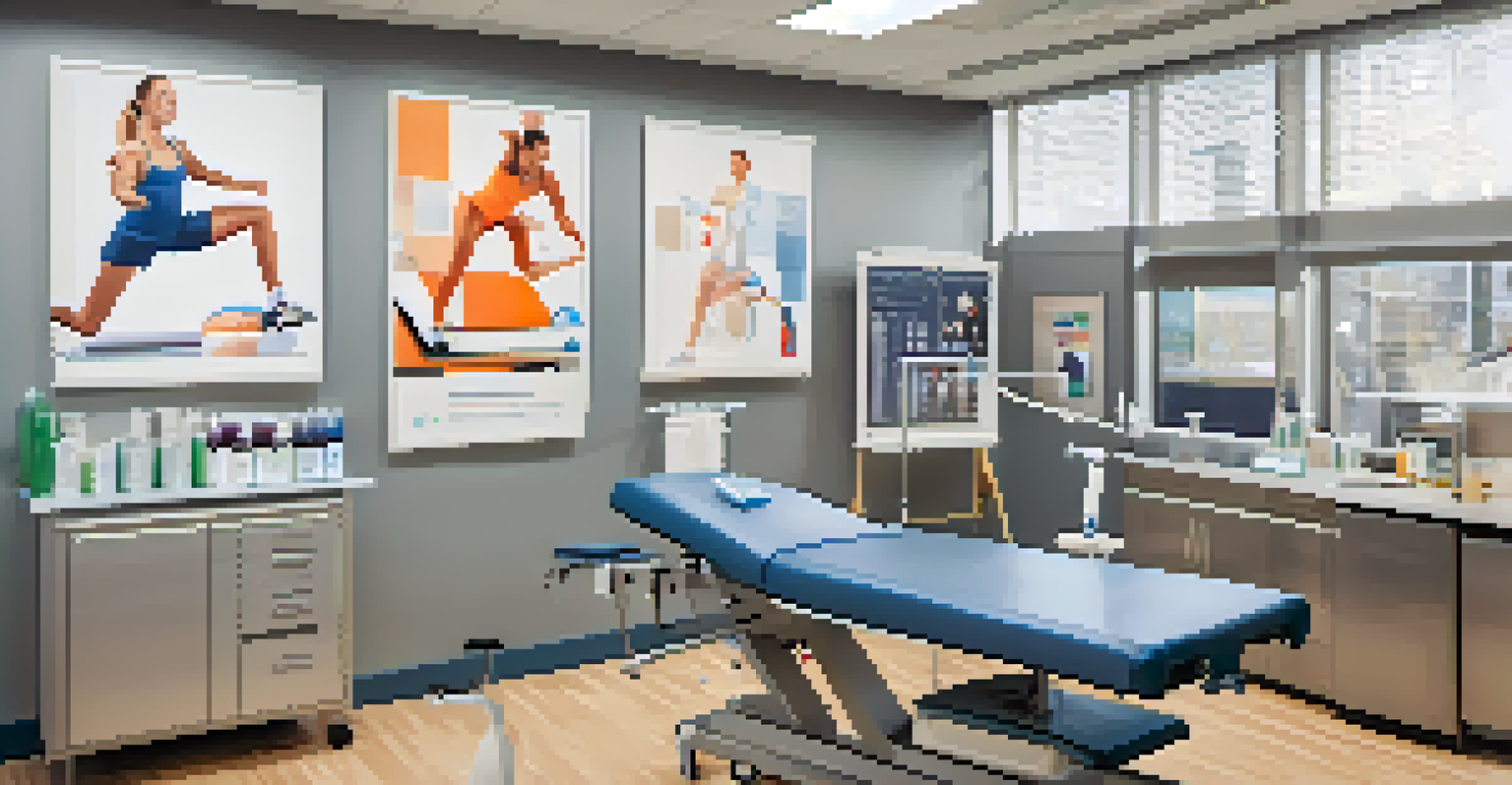 An interior view of a modern sports medicine clinic with healthcare professionals discussing athlete care.