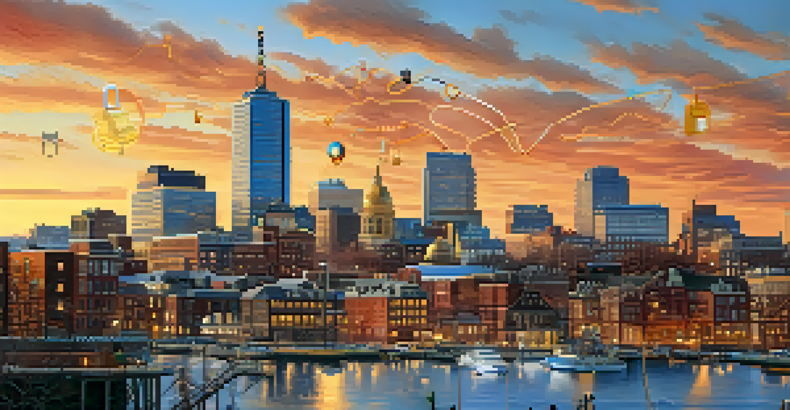 An artistic view of Boston's skyline featuring symbols of public health and technology against a sunset backdrop.