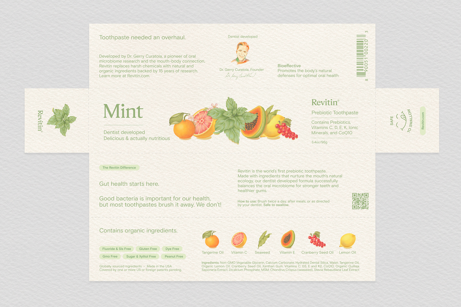 The finalized dielines for the Revitin toothpaste packaging.
