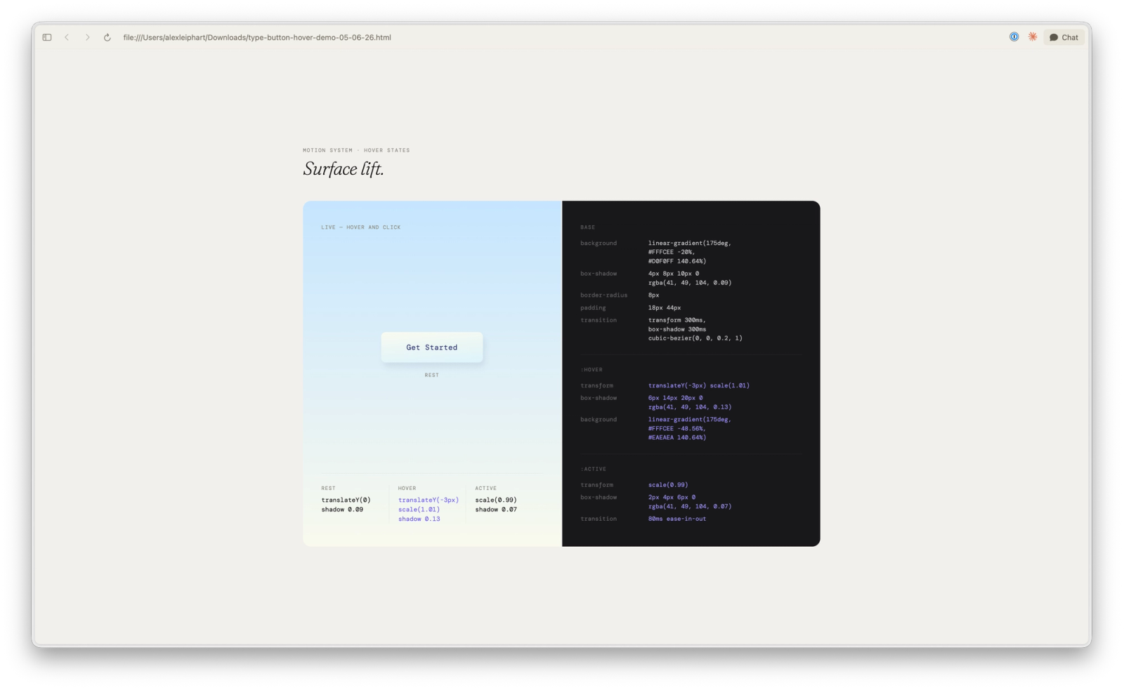 An interactive button component generated from the kit's motion specs. Hover states, transform values, and timing all sourced directly from the files.