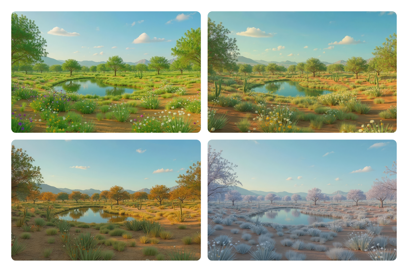 We researched each town Rise Plasma is opening in and modeled an ideal landscape based on real flora & fauna native to the area. We then created versions that rae based on the weather across each season.