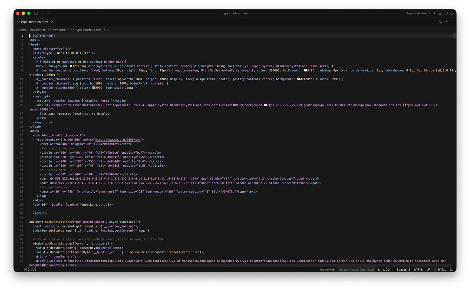 The kit opened in Cursor. The marbles are referenced as assets, the motion specs wired in from the JSON, building toward a live page.
