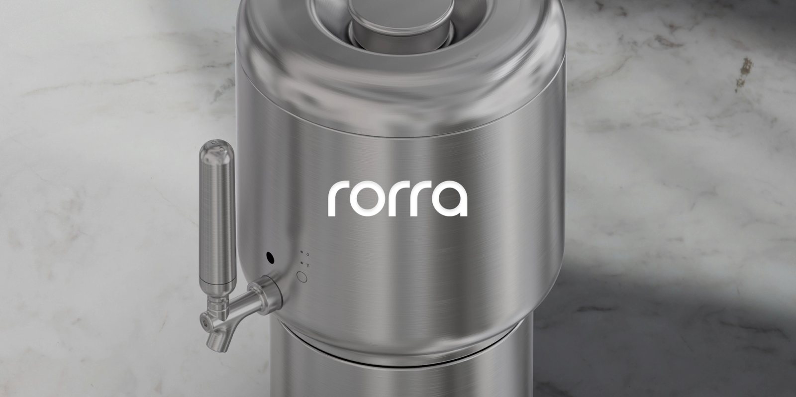 Rorra logo on product shot of Rorra Water Filter.