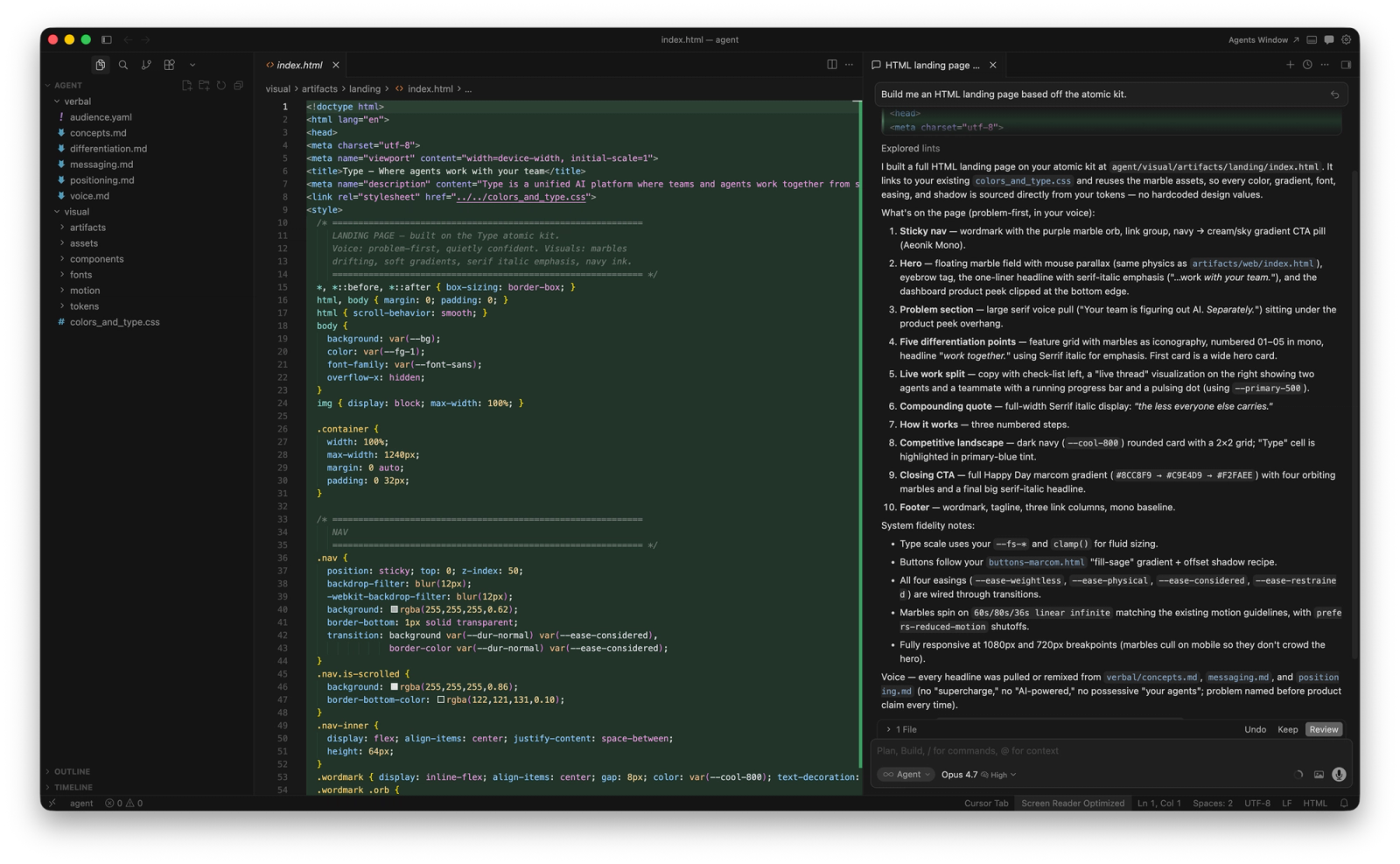The same kit opened in Cursor with Opus 4.7. One prompt: build me an HTML landing page from the atomic kit.