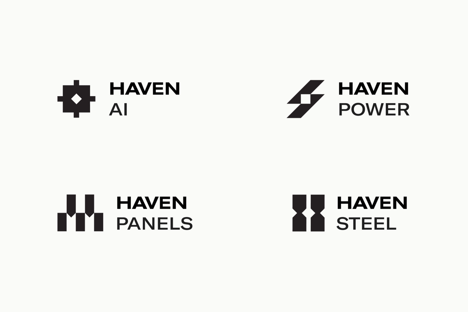 Four products, one mark, redrawn each time to say panels, power, AI, or steel.