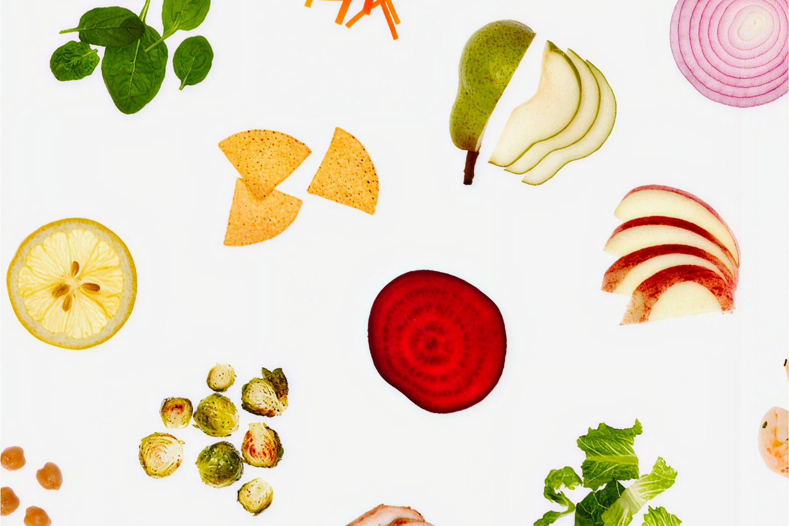 Every ingredient shot on white, lit for texture. In a salad, nothing is the star.