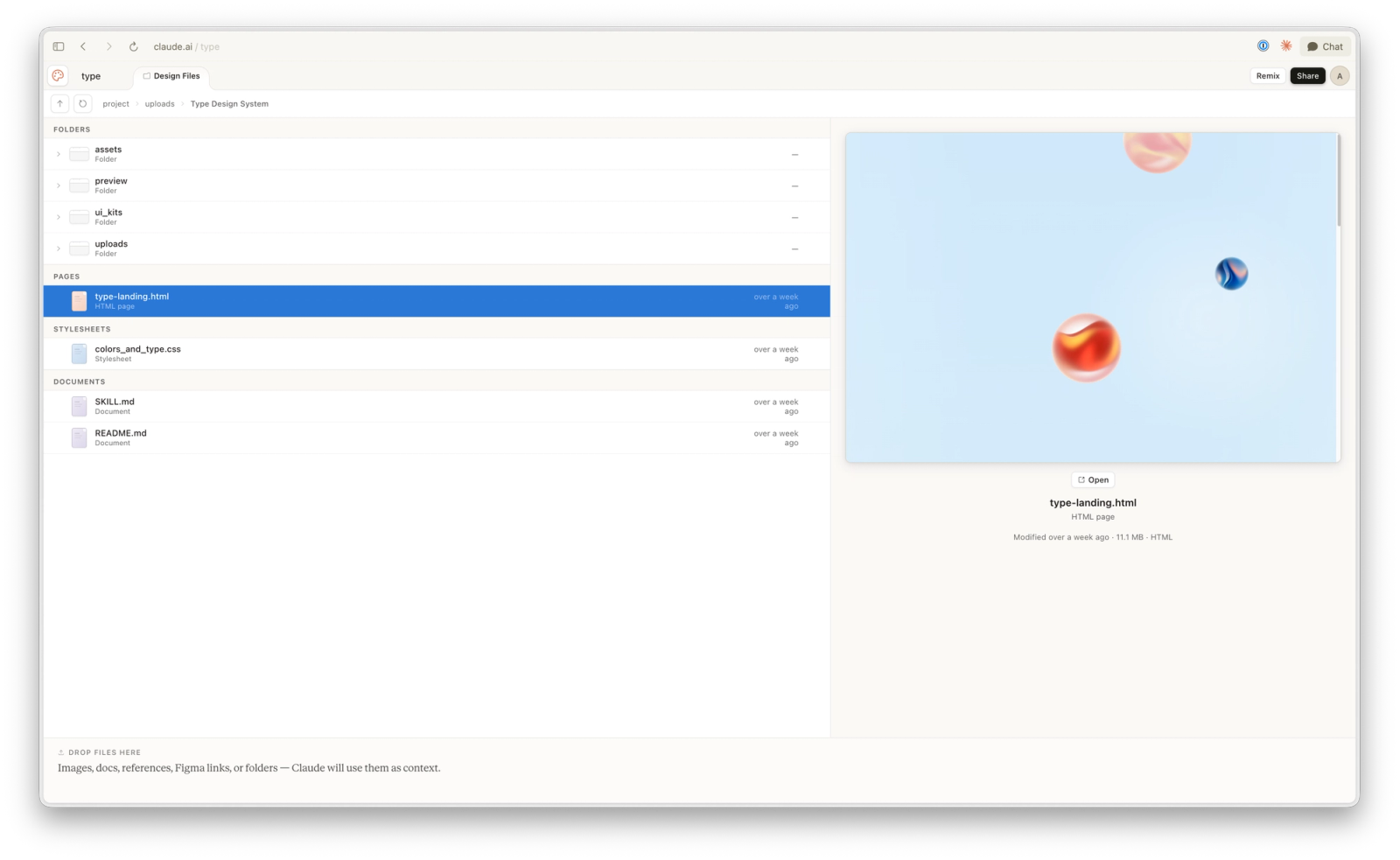 The marble assets are imported into the kit. Claude Design indexes them alongside the type, color, and component files as part of the same system.