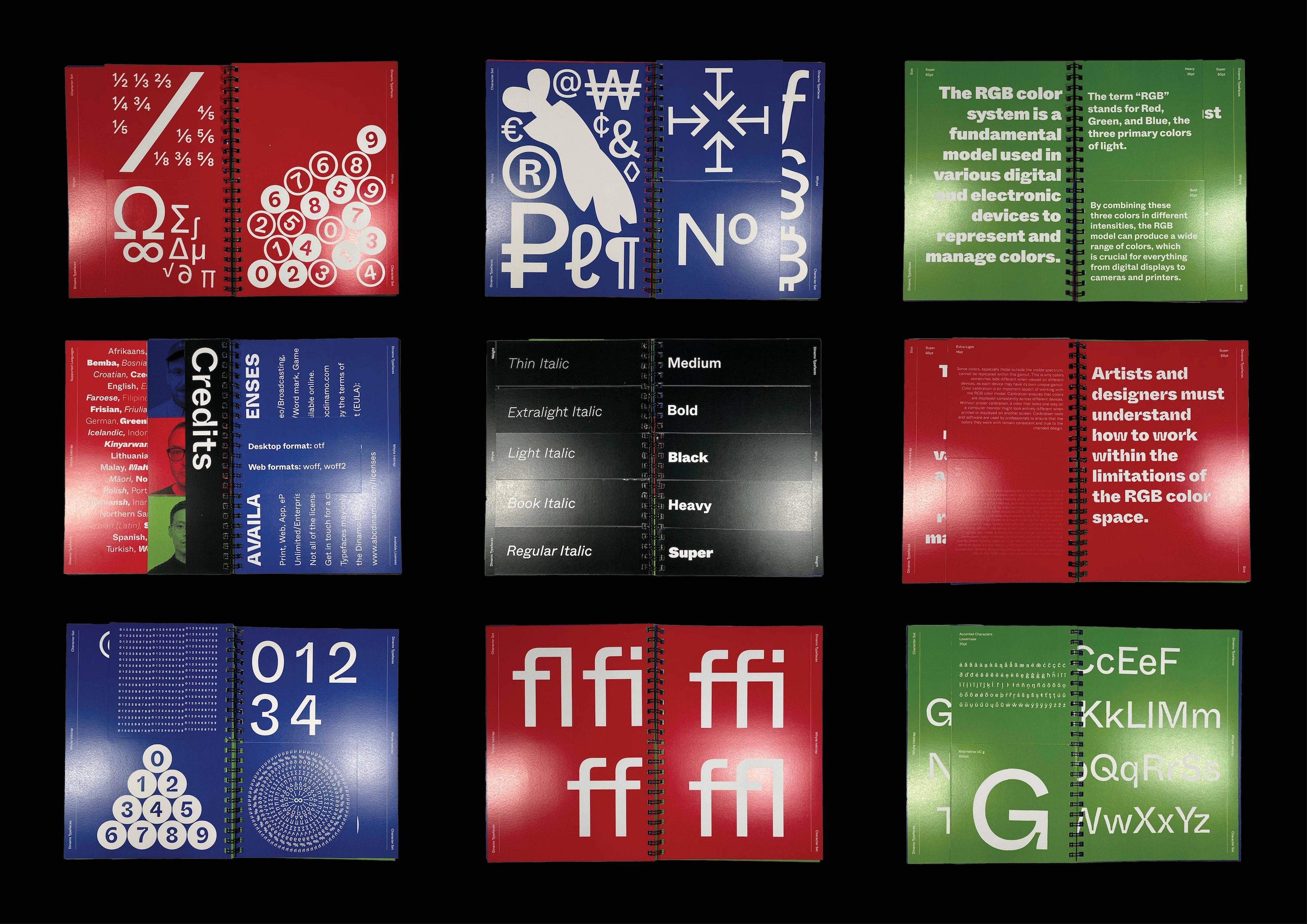 Nine open spreads from the 'Whyte Inktrap' typeface sample book, each showcasing typographic examples in vibrant red, blue, green, and black. The pages display different font weights, character sets, and informational text on RGB colour theory, highlighting the versatility of the typeface.