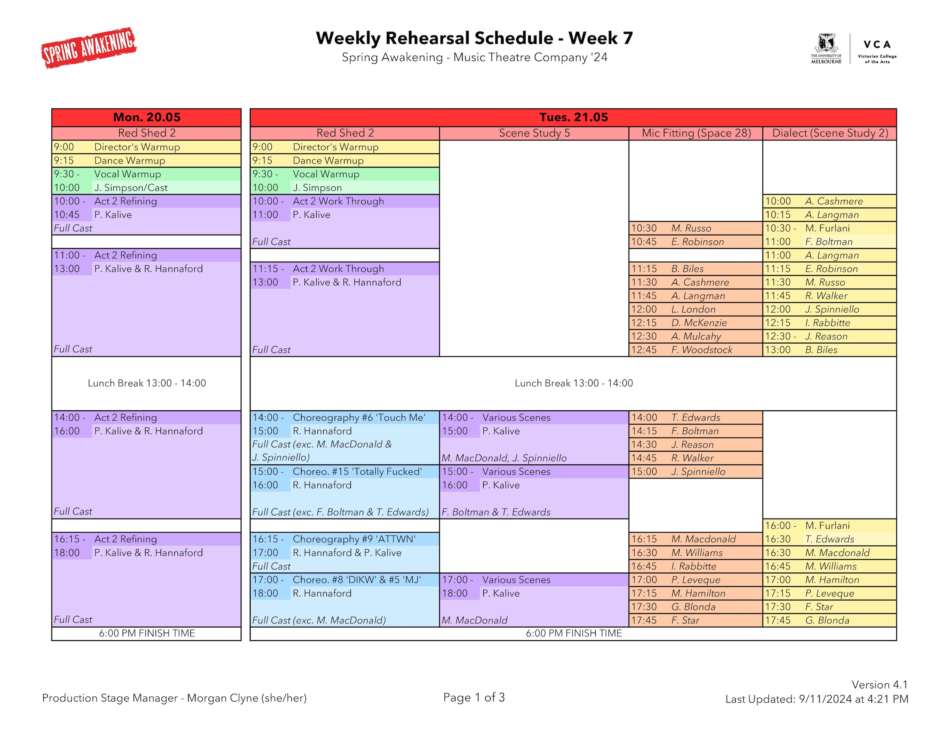 Weekly rehearsal schedule for "Spring Awakening" Music Theatre Company ’24, detailing activities like vocal warm-ups, choreography sessions, and scene studies across multiple days and time slots.