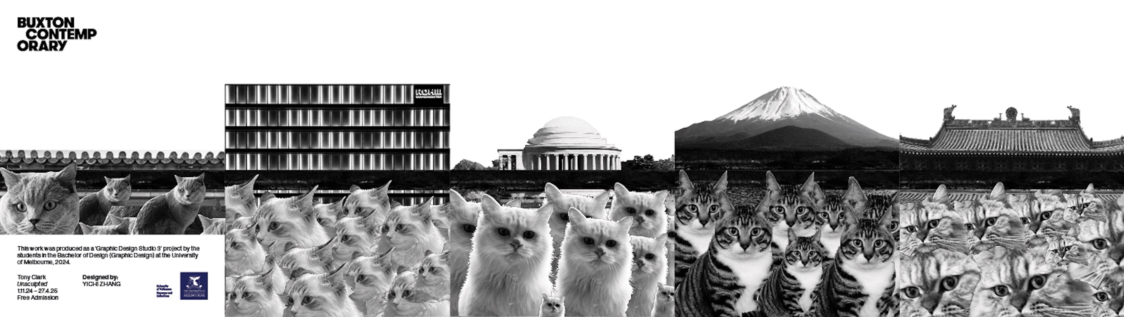 Panoramic art installation for Buxton Contemporary combining architectural landmarks with repeating cat portraits. Black and white composition creates visual narrative across urban and natural landscapes.