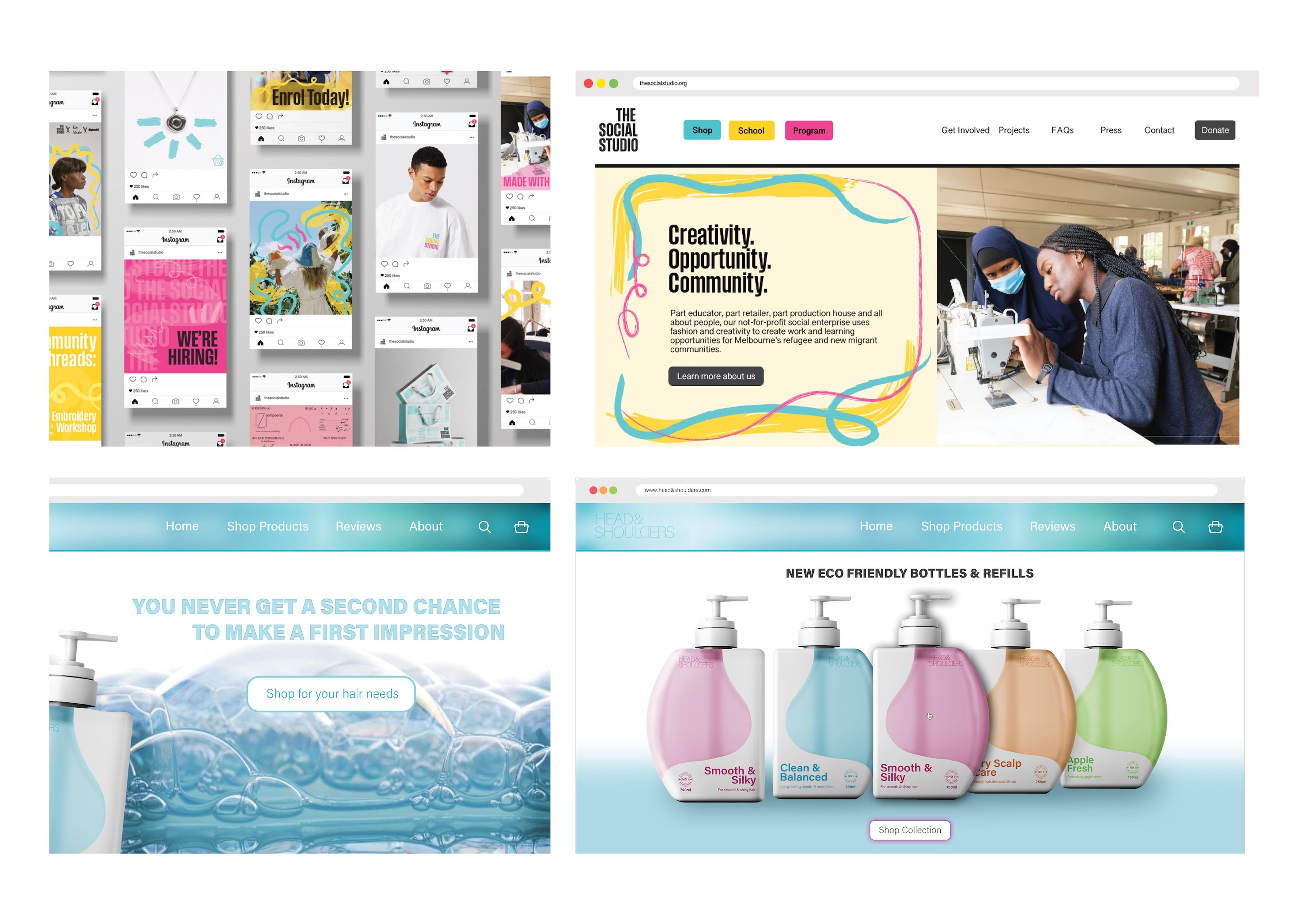 Digital platform mockups for The Social Studio and Head and Shoulders showing Instagram feeds and website homepages.