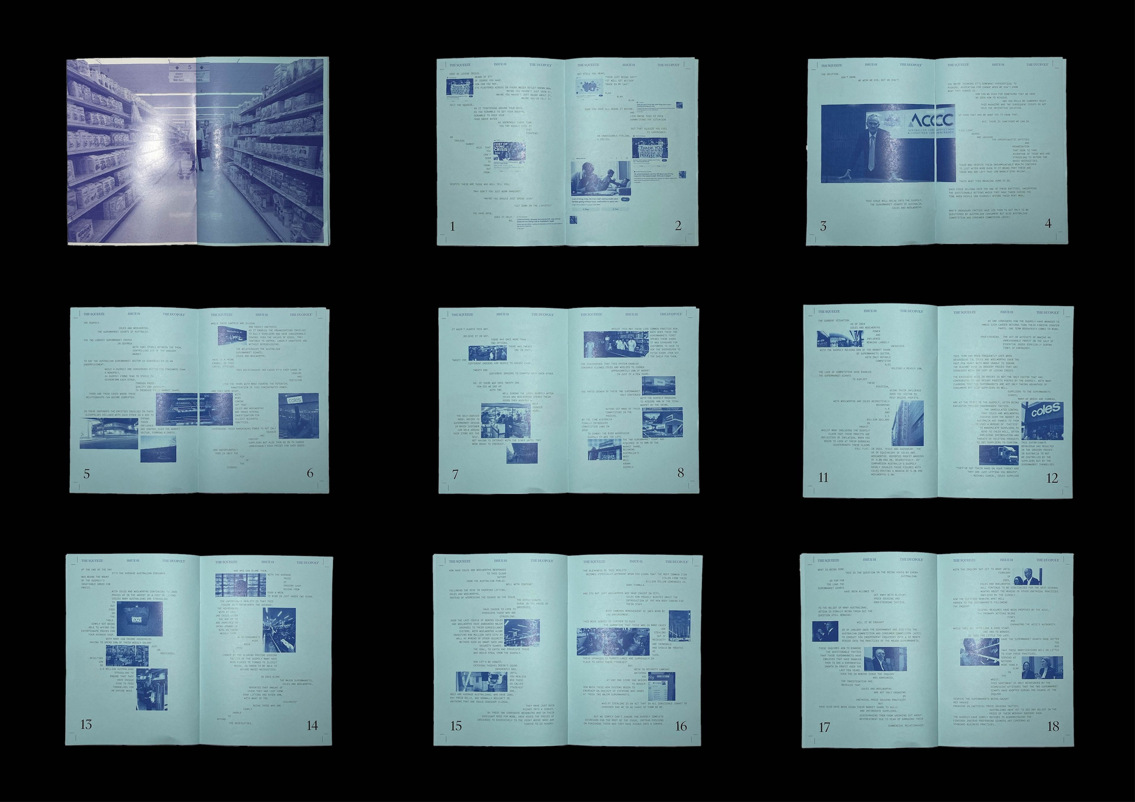 Nine open spreads from 'The Squeeze' zine, arranged in a grid. Each spread features blue-tinted photography and minimal text, depicting scenes from a grocery store and product images, capturing a commentary on consumer culture.