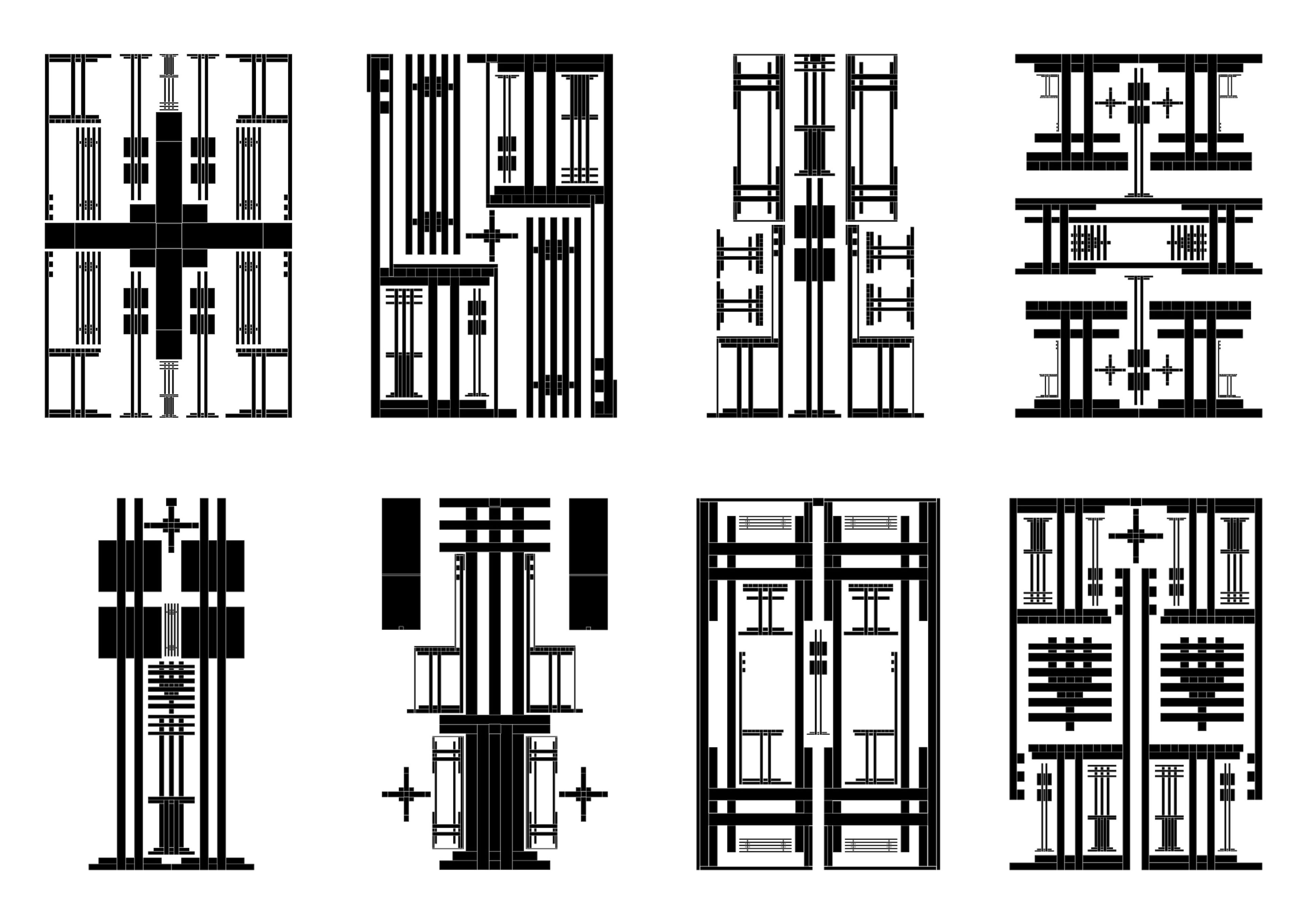 A grid of eight black and white structural designs. Each grid square contains symmetrical, line-based abstract patterns, some resembling architectural frameworks or circuit board patterns.