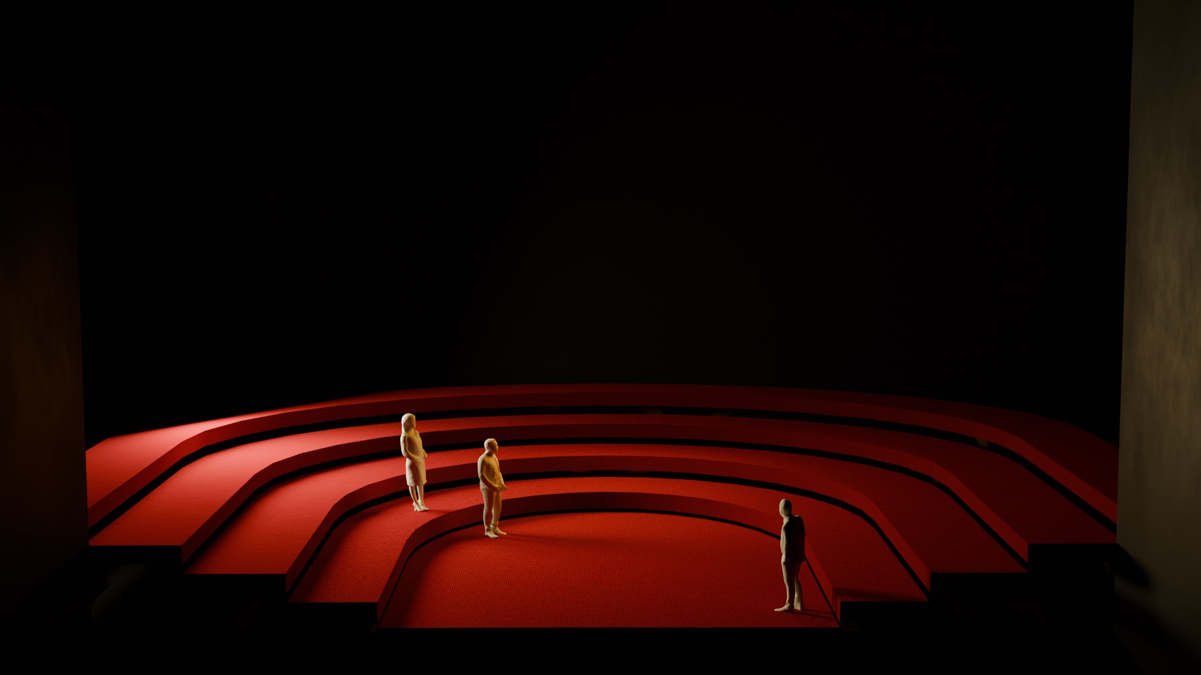 Set design model depicting a coliseum-like arrangement of red, curved platforms with three white figures standing apart on the lower levels, against a dark background.