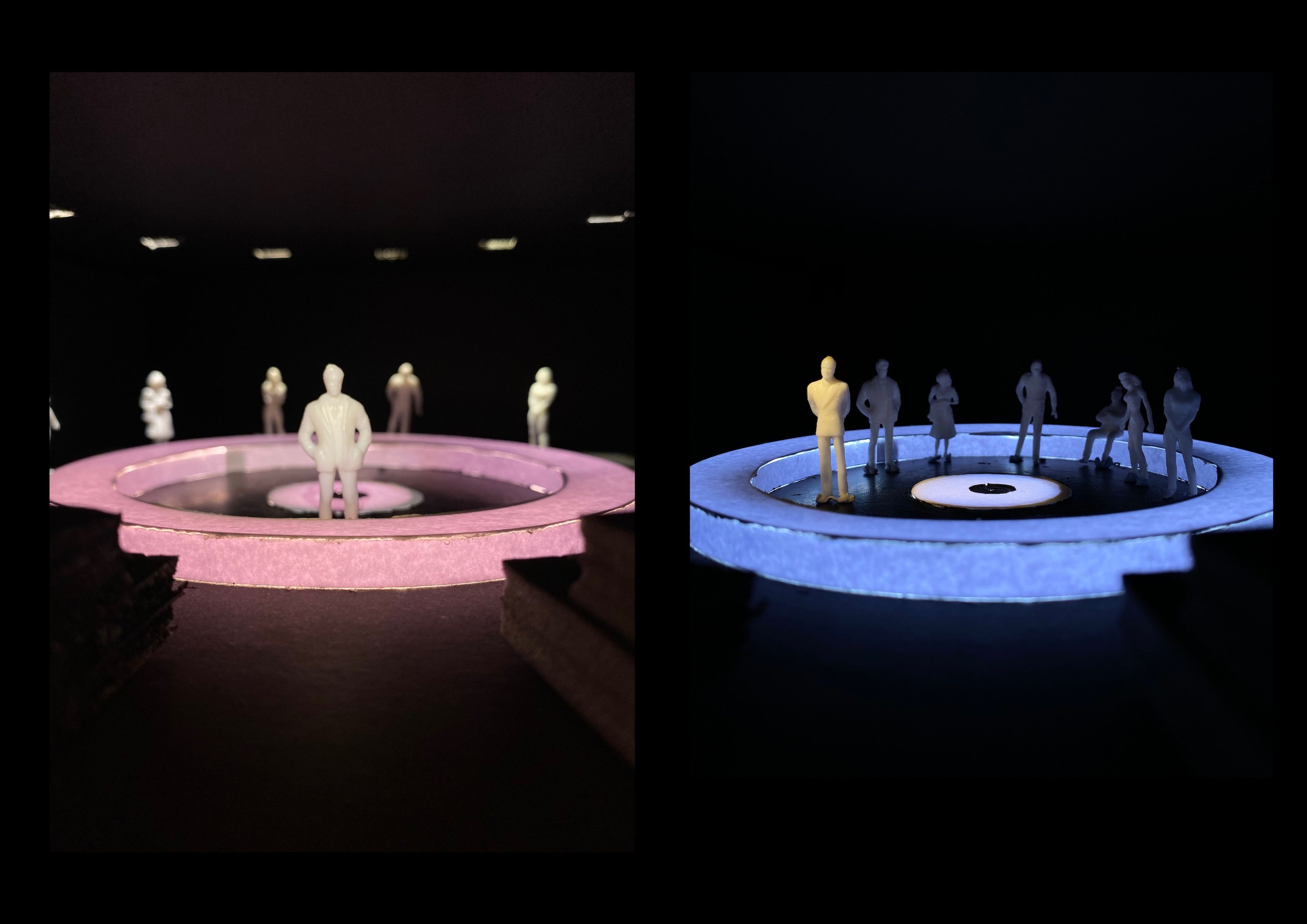 Two lighting model photographs of a circular stage with figures in the centre and on the perimeter. The lighting varies in colour, with one showing a warm pink hue and the other a cool blue hue, highlighting the figures.