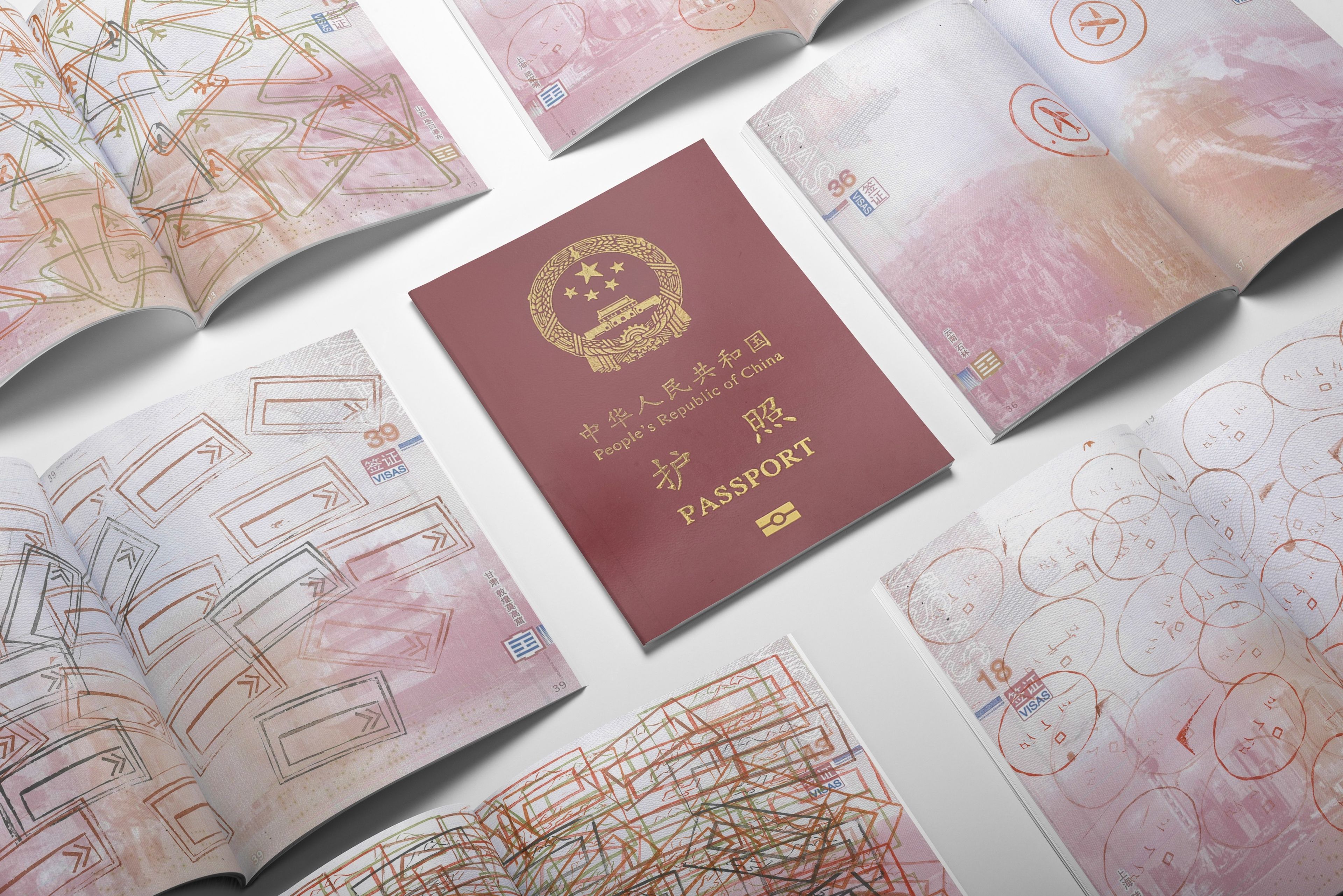 Passport-themed design layout featuring delicate geometric patterns in coral and gold tones. Pages showcase abstract linear compositions creating visual rhythm across spreads.