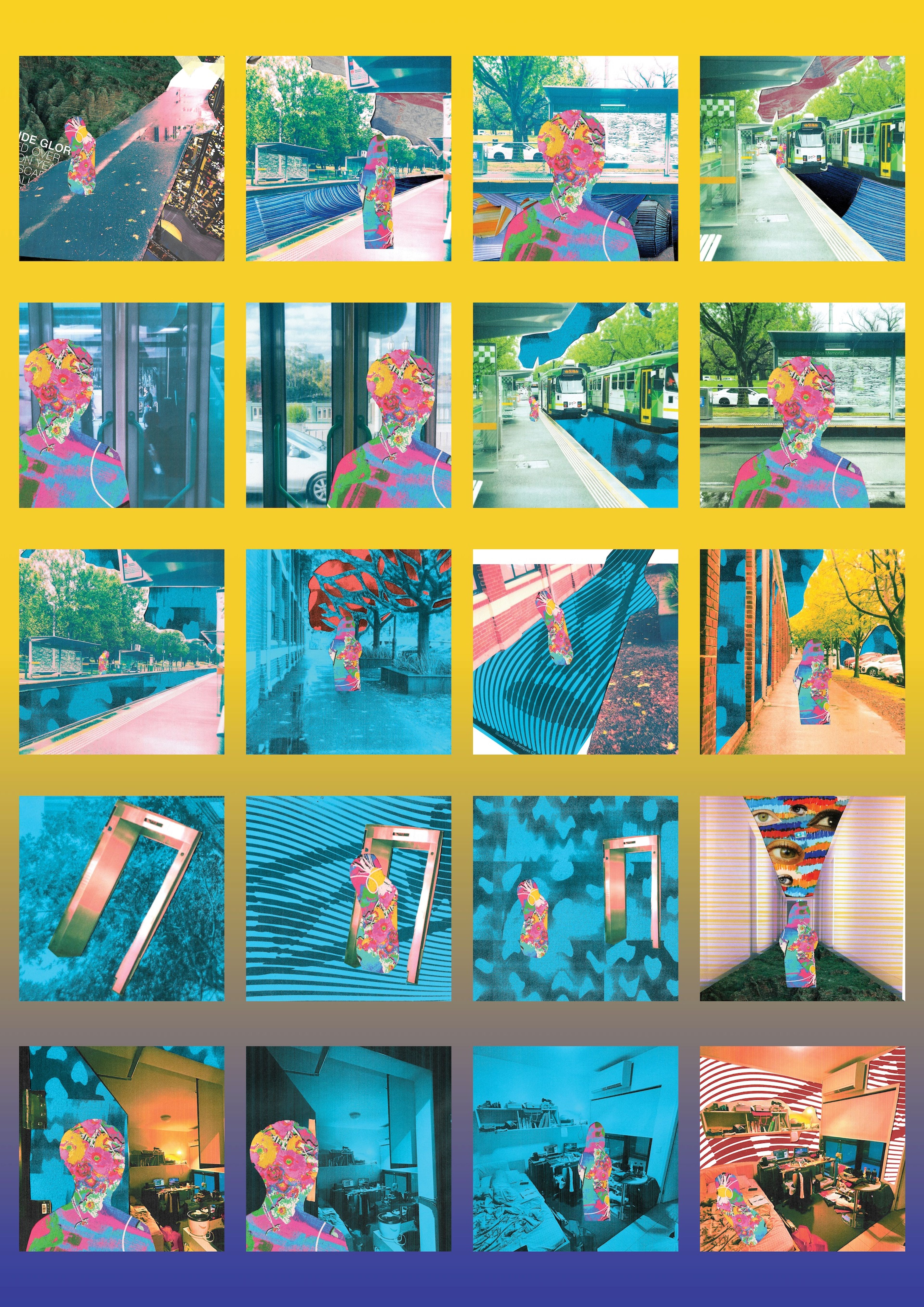 Grid of 20 experimental photographs against yellow and blue borders. Each image features a recurring silhouette filled with colourful psychedelic patterns superimposed over urban scenes including train stations, streets, and interiors. Creates a surreal, pop-art effect through repetition and vibrant colour manipulation.