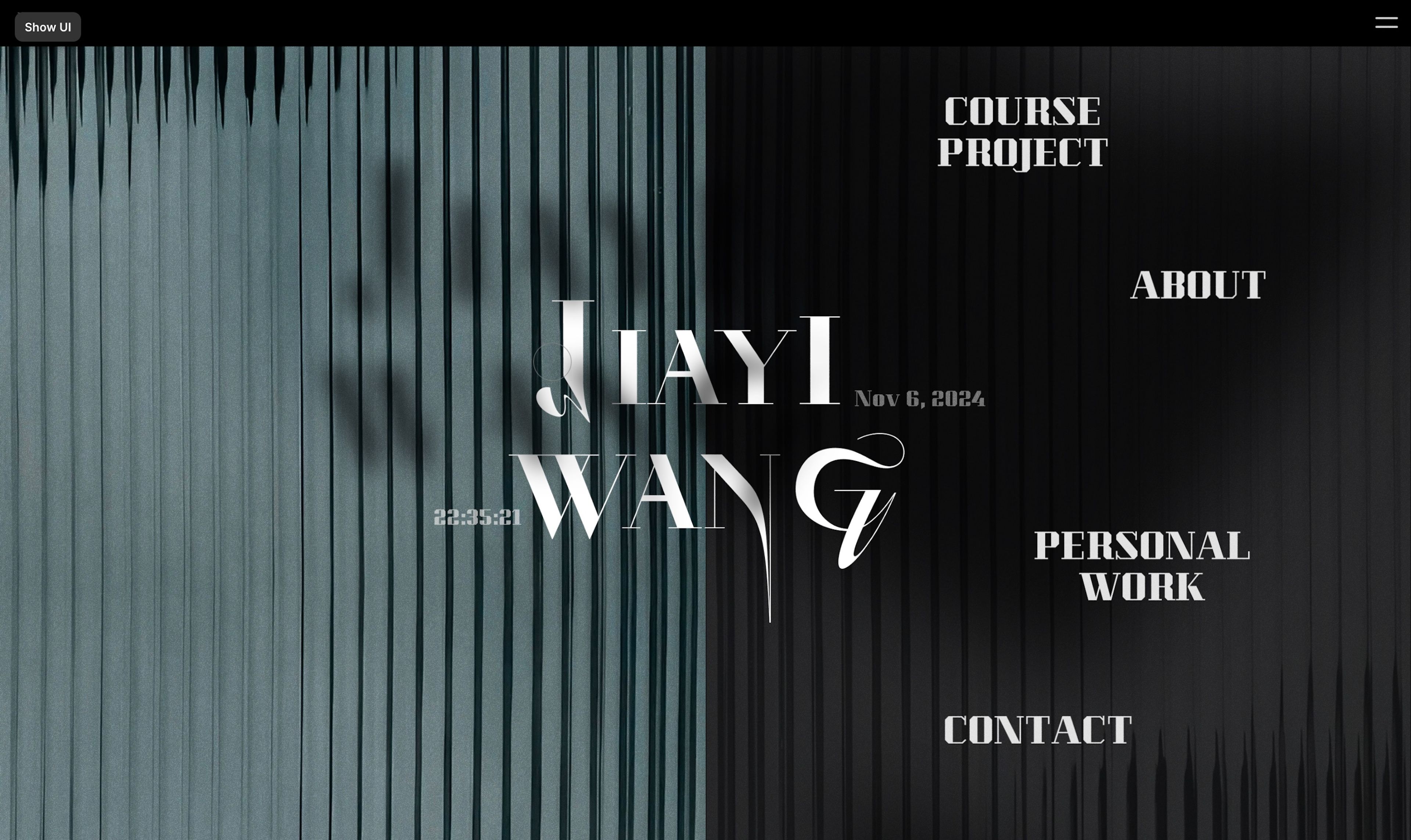 A dark-themed webpage with a vertical striped background, displaying the name "Jiayi Wang" in elegant white serif typography, alongside navigation options like "Course Project," "About," "Personal Work," and "Contact" arranged around the page.