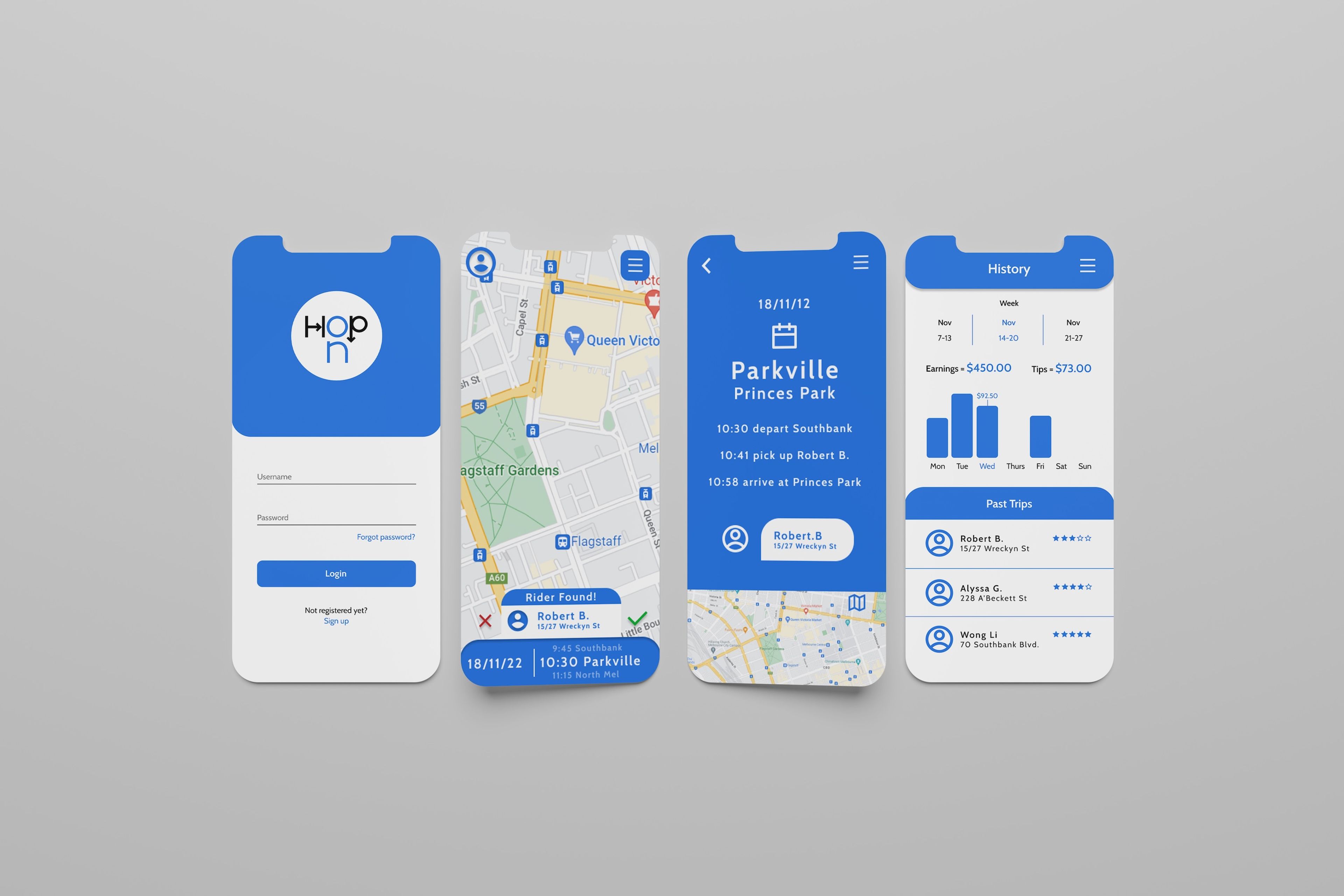 Four mock screens for a ride-share app called "HopN," displaying login, map, booking details, and ride history, designed with a blue and white interface that emphasizes clarity and ease of use.