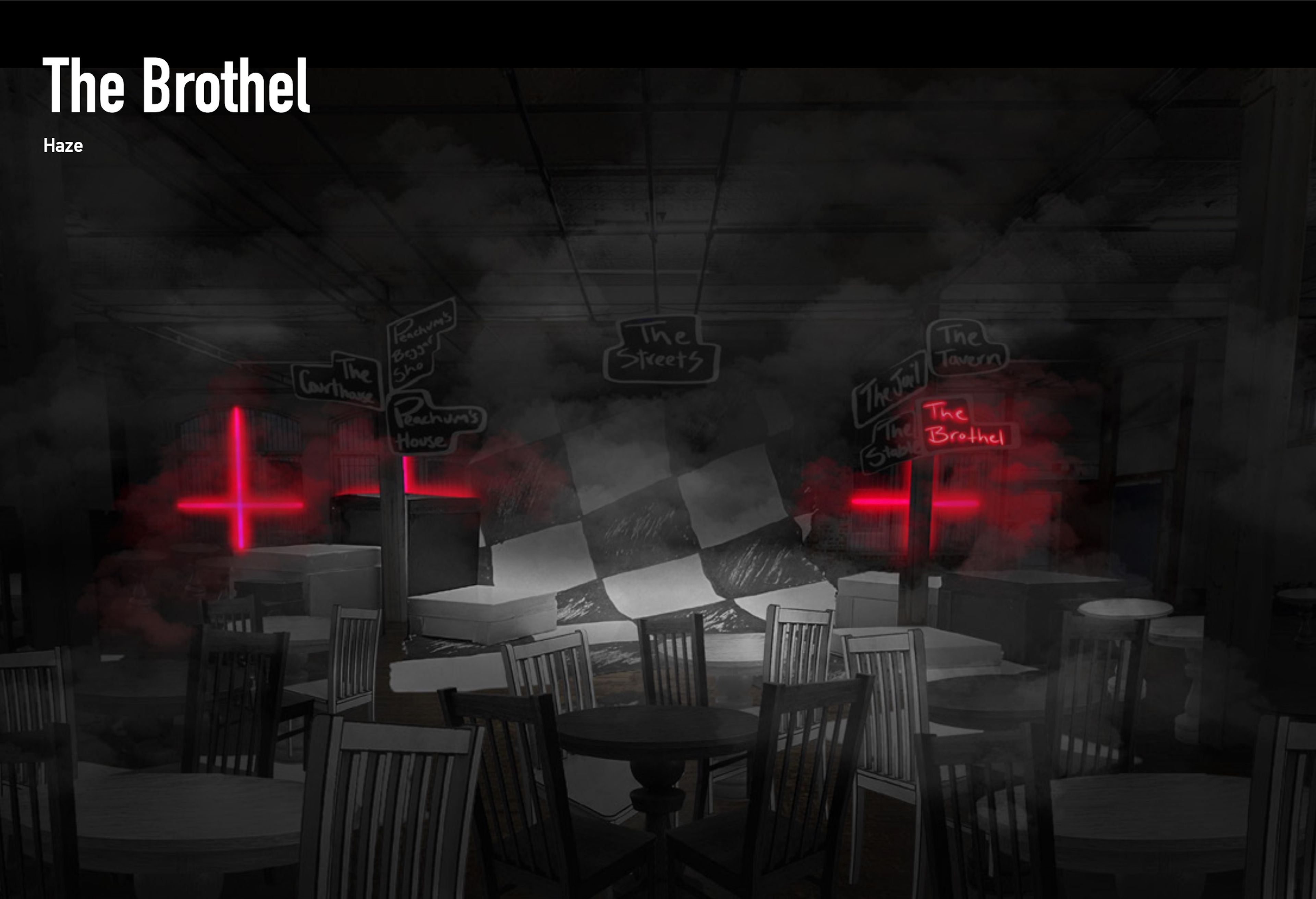 Digital rendering of a brothel setting. The room is filled with smoke and illuminated by red neon crosses and other signage. Tables and chairs populate the foreground, creating an ominous, atmospheric mood.