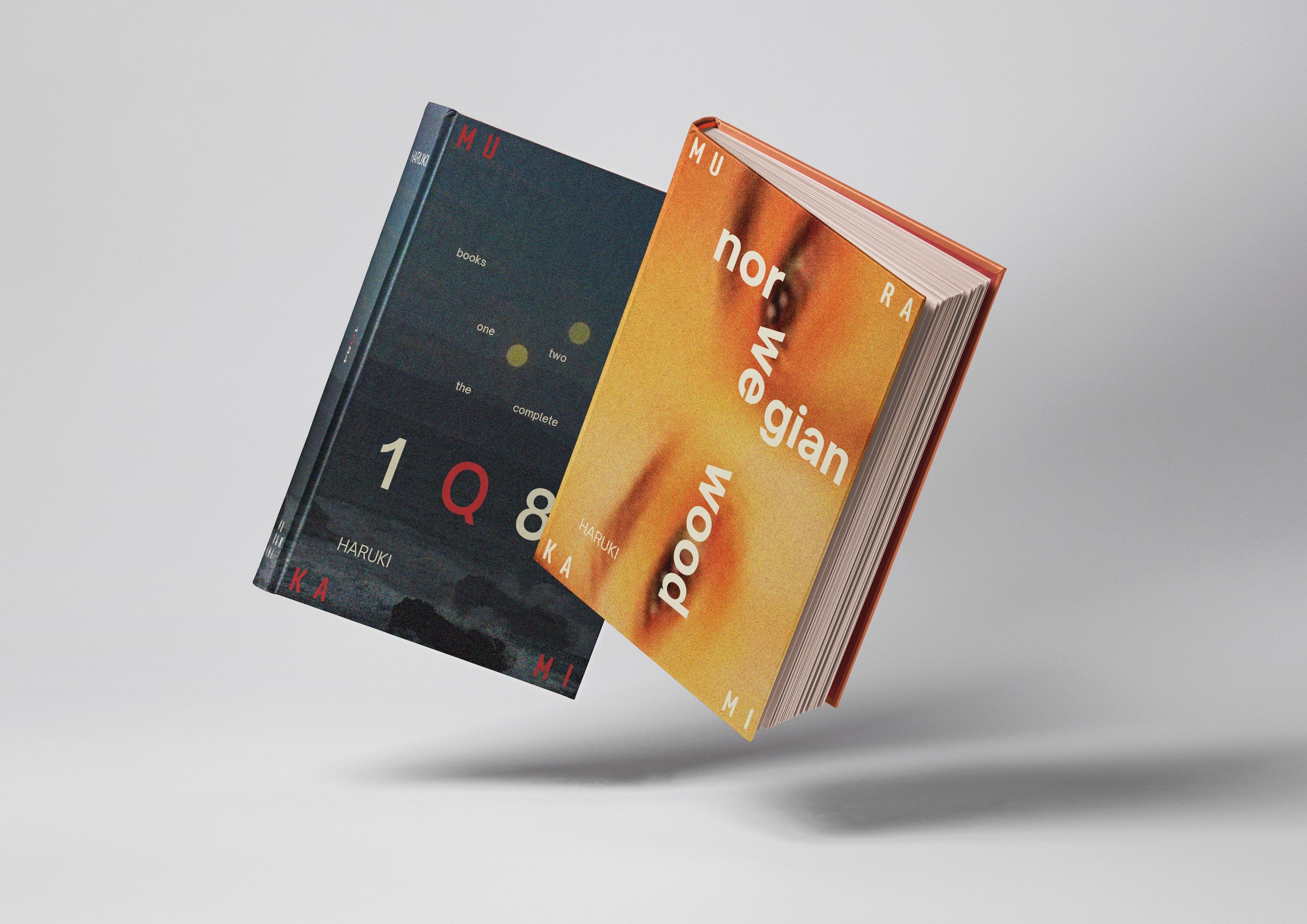 Two book covers for Haruki Murakami novels floating against grey background. Left shows '1Q84' in dark blue with minimal typography, right displays 'Norwegian Wood' in warm orange tones. Both feature the author's name and 'MU' publisher mark.