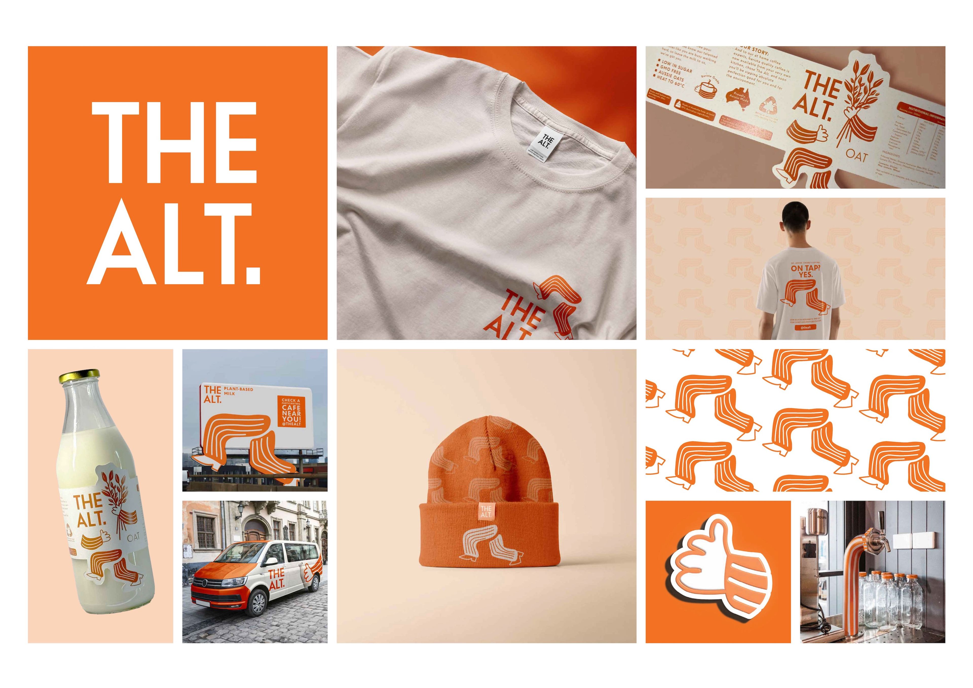 Brand identity collage for 'The Alt.,' featuring an orange-and-white colour scheme with various applications such as a milk bottle, apparel, a van, and a billboard. The design elements include stylised wavy lines and bold typography, reflecting a modern aesthetic.