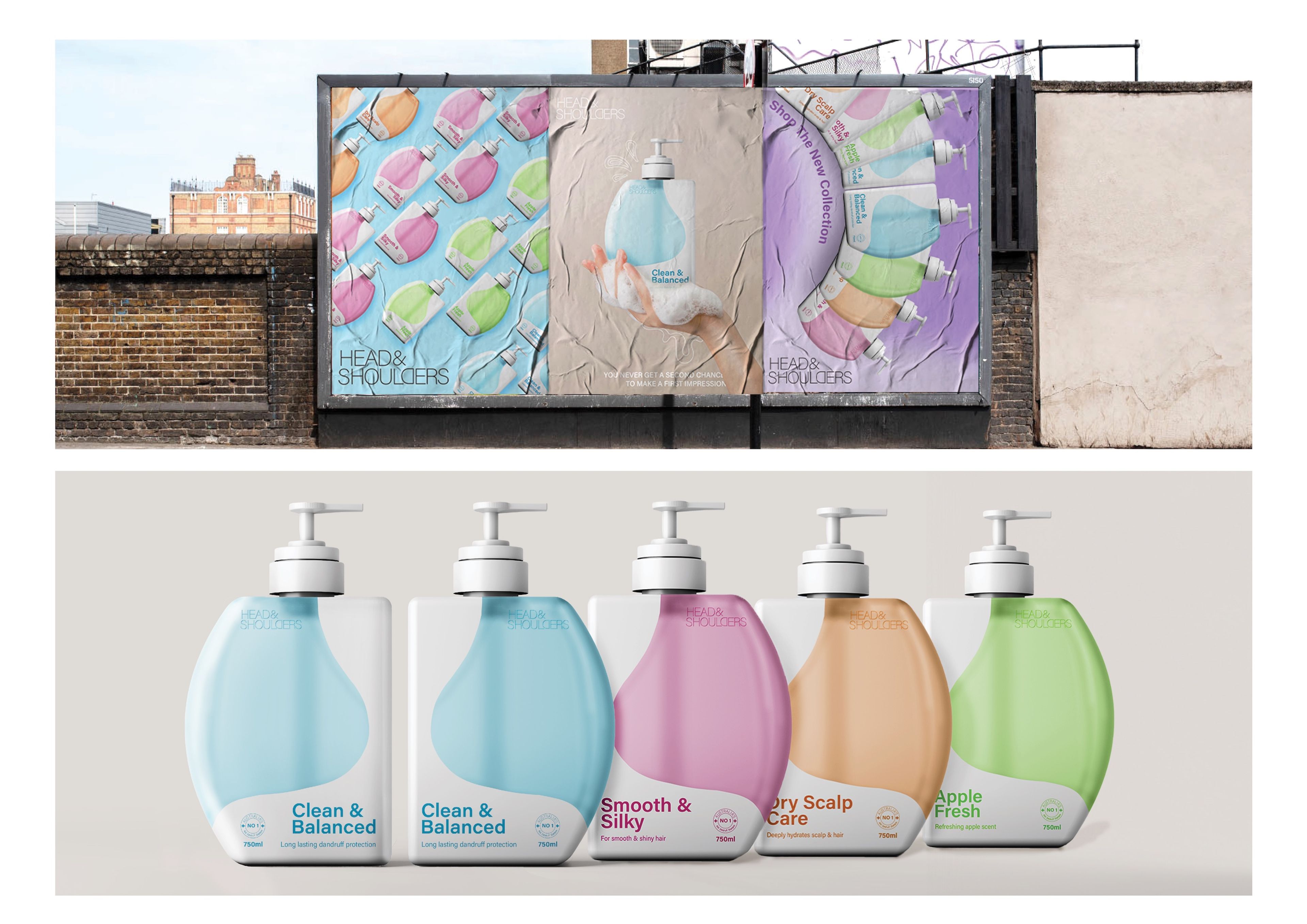 Head & Shoulders packaging redesign concept showing pastel-coloured bottle range and corresponding billboard campaign. Features organic shapes and textural elements across billboards displayed on brick wall.