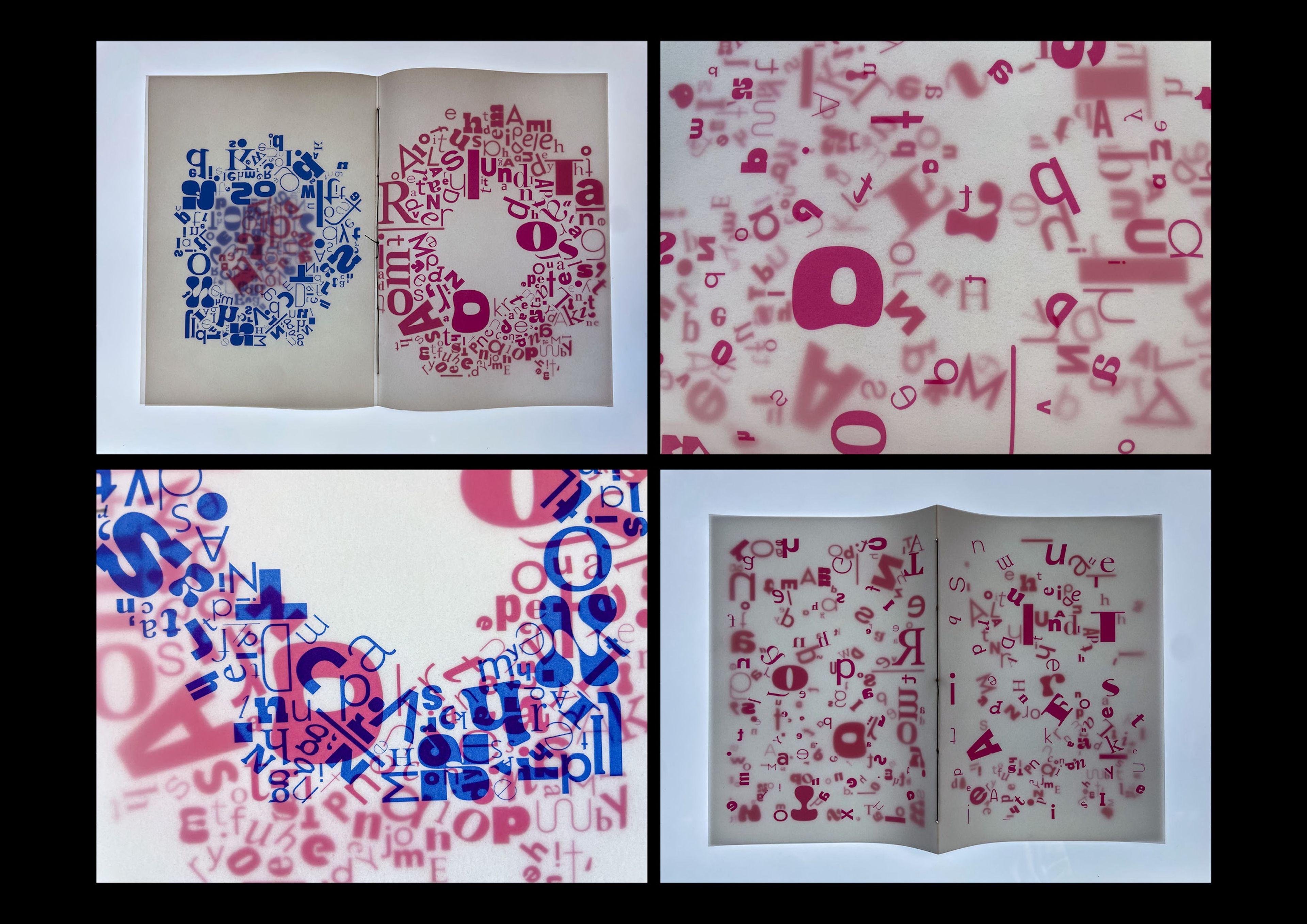 Four artistic typographic compositions showing scattered letters in blue and pink. Presented as open book spreads and close-up details, the letters create abstract patterns and shapes against white pages. Each composition features different arrangements of mixed fonts and sizes.