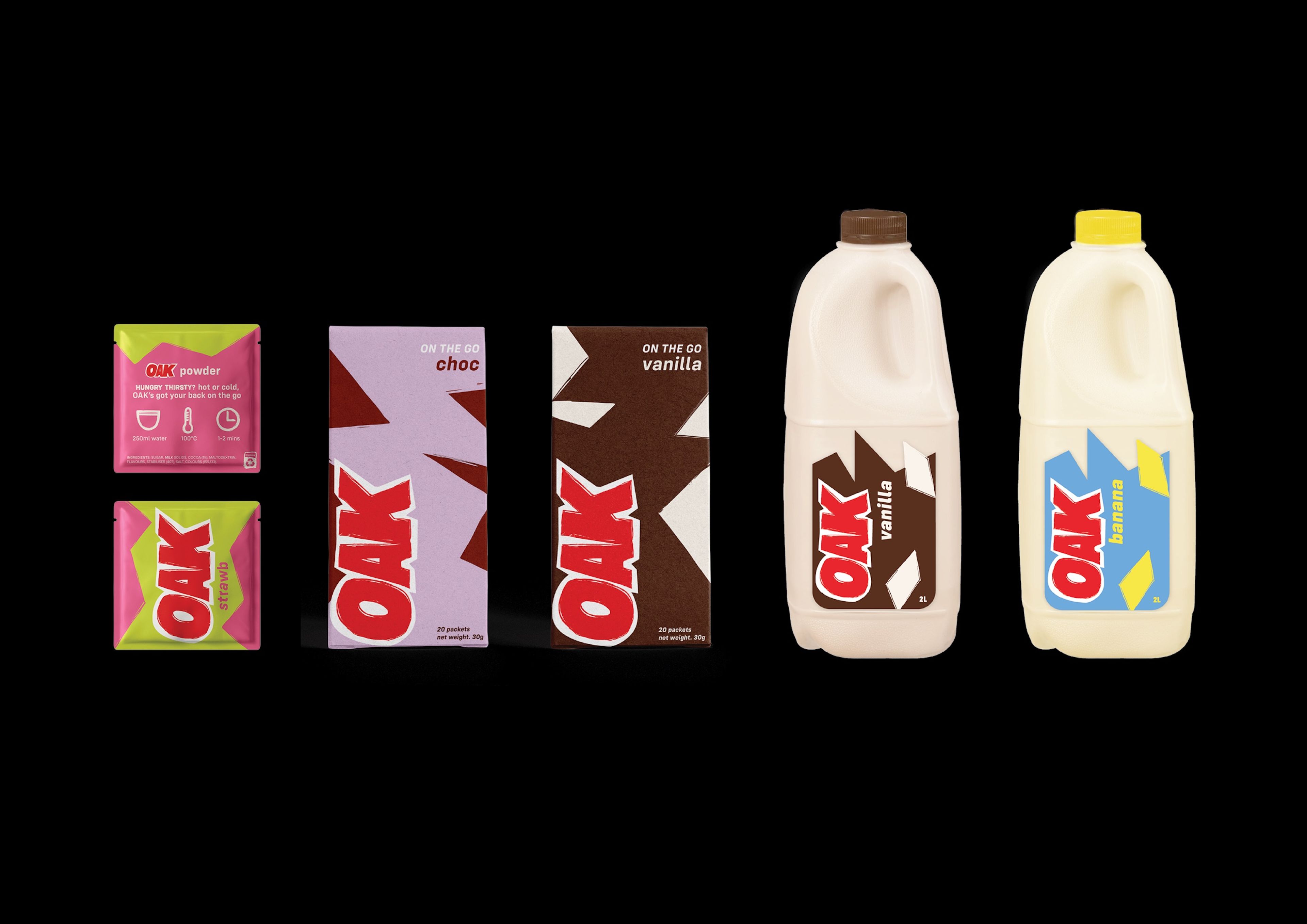 OAK milk brand packaging lineup featuring bold red logo against varying coloured backgrounds. Product range includes sachets and bottles, unified through consistent geometric design elements.