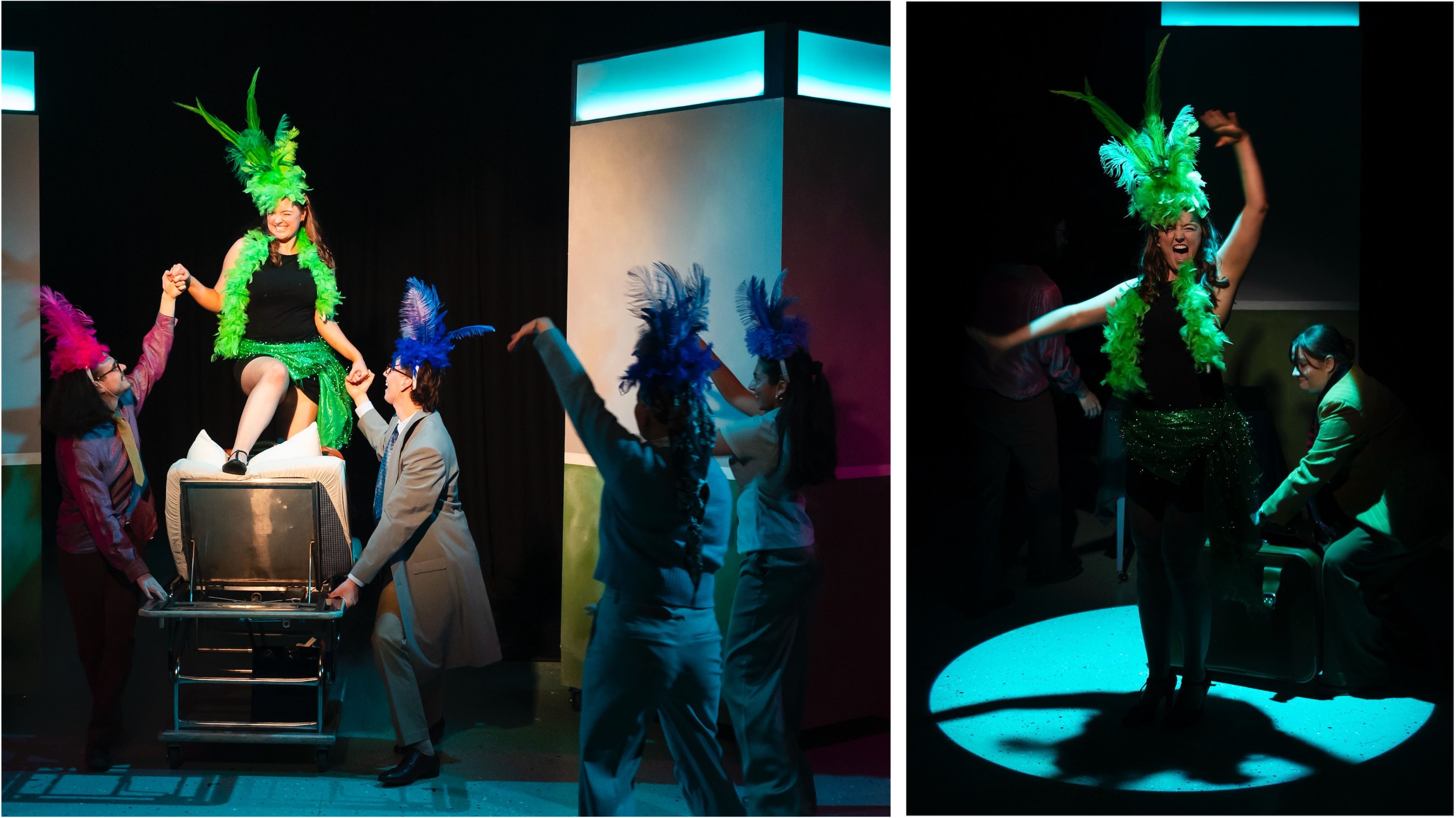 Side-by-side photographs showing a cabaret-style performance with a performer in black dress and bright green feather boa being lifted onto chairs by ensemble members, lit with dramatic coloured lighting.